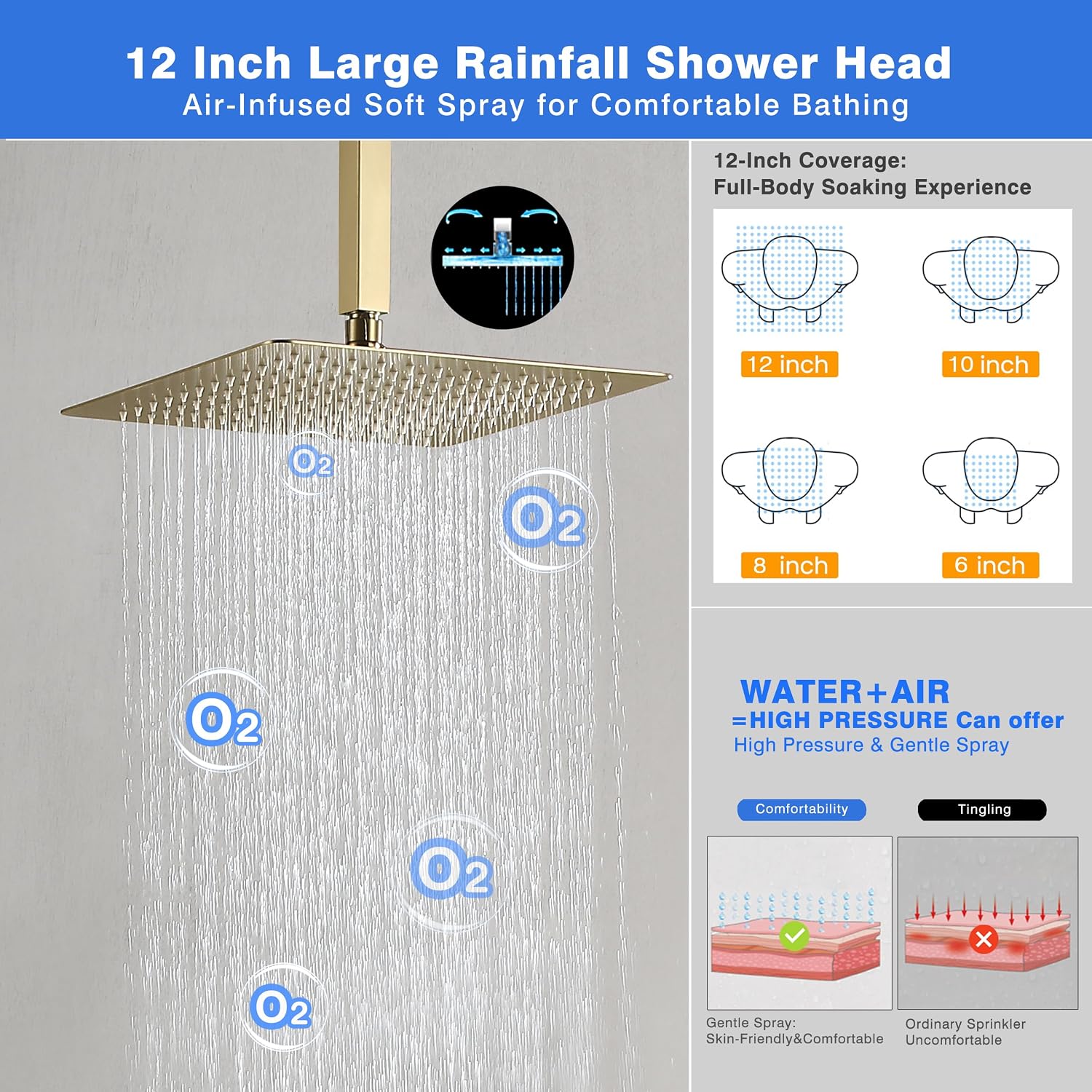 Luxury Digital Temperature Display Ceiling Mount Shower System, Push Button Diverter with Pressure Balance Valve, 12” & 6” Dual Rainfall Shower Heads, 2-in-1 Metal Handheld Shower Set, Brushed Gold image 4