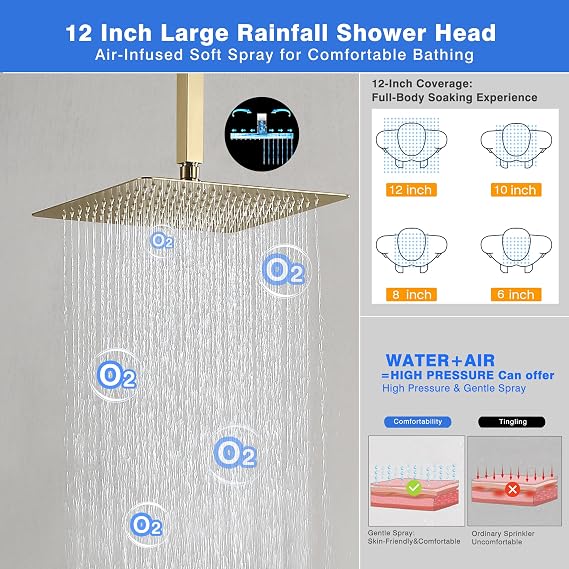 Luxury Digital Temperature Display Ceiling Mount Shower System, Push Button Diverter with Pressure Balance Valve, 12 & 6 Dual Rainfall Shower Heads, 2-in-1 Metal Handheld Shower Set, Brushed Gold