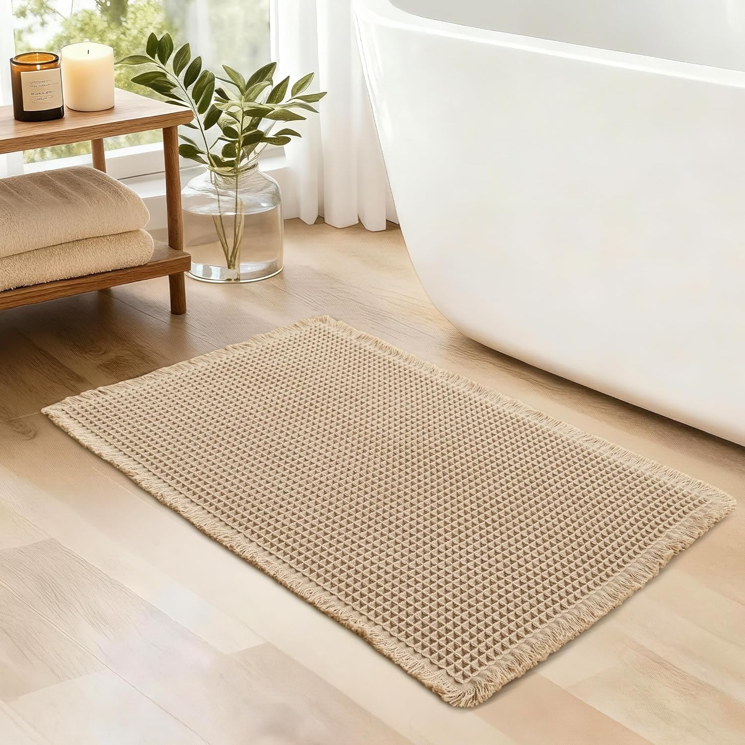 JIUZHEN Waffle Bath Mat Absorbent Bathroom Rugs Non Slip Waffle Rug Washable Boho Mats for Bathroom Quick Dry Farmhouse Bath Mats, Ultra Soft & Durable, 20" x 32", Brown
