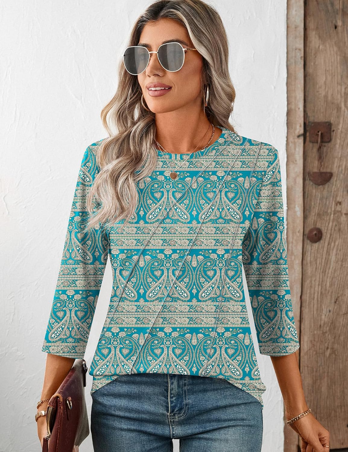 LOMON 3/4 Length Sleeve Womens Tops Spring Summer Fashion 2026 Tops Crew Neck Pleated Shirts Tunic Top Loose Fit - Image 3