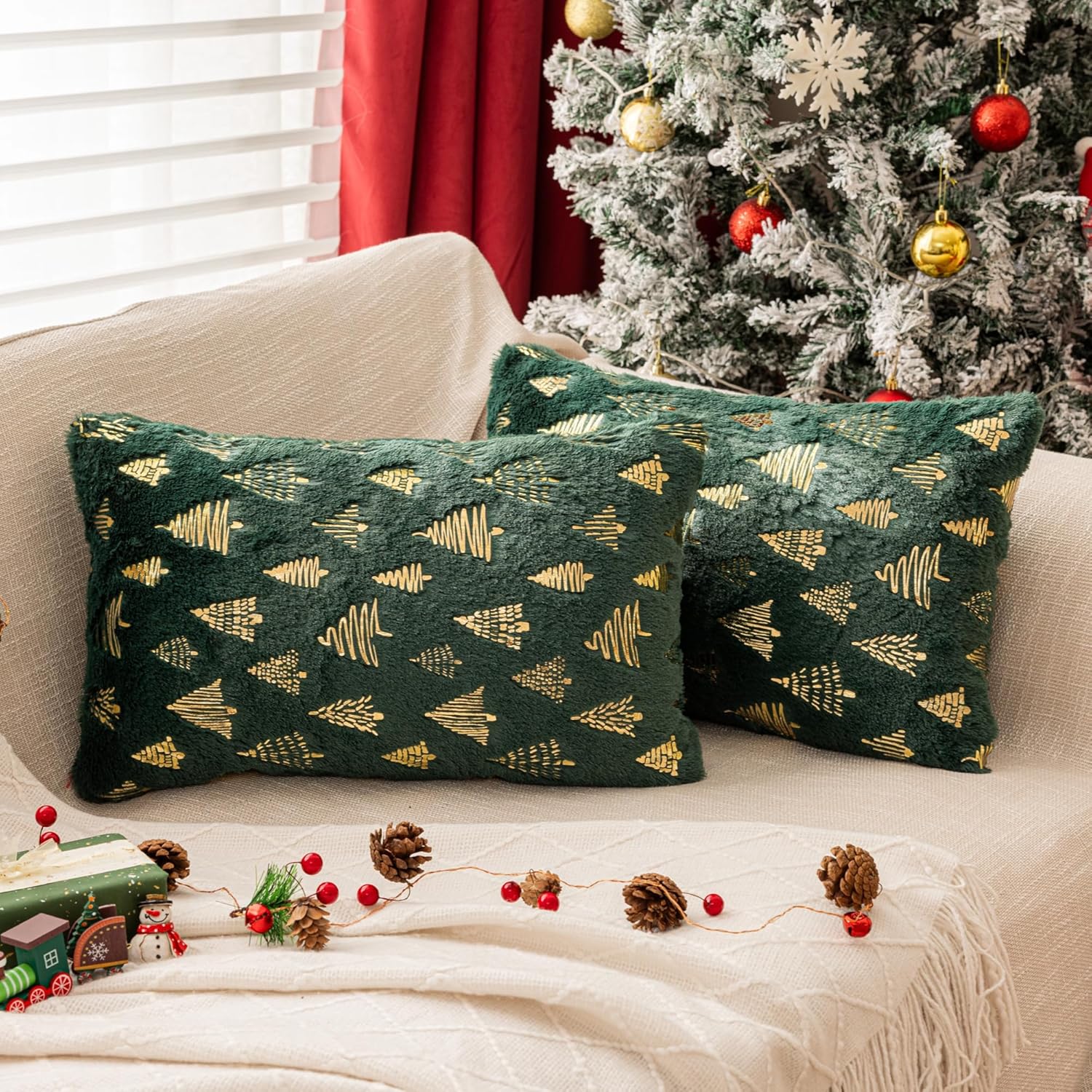 AQOTHES Christmas Tree Green Throw Pillow Covers 12x20inch Set of 2 Winter Holiday Decorative Faux Fur Fuzzy Pillows