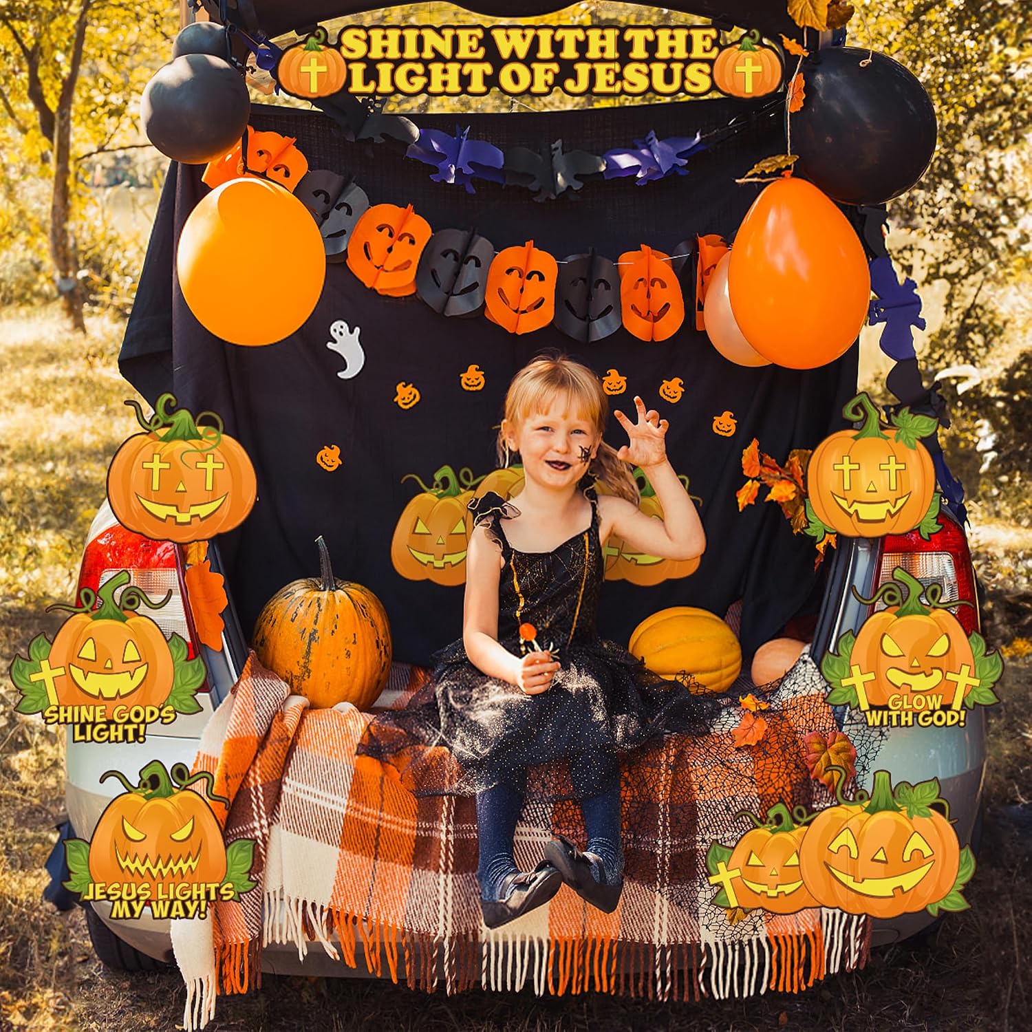 K1tpde 18PCS Halloween Trunk or Treat Outdoor Decoration Kit Fall Pumpkin Shine with The Light of Jesus Cutout Decor for Sunday School Halloween Pumpkin Cardstock for Archway Garage Door Car Decor