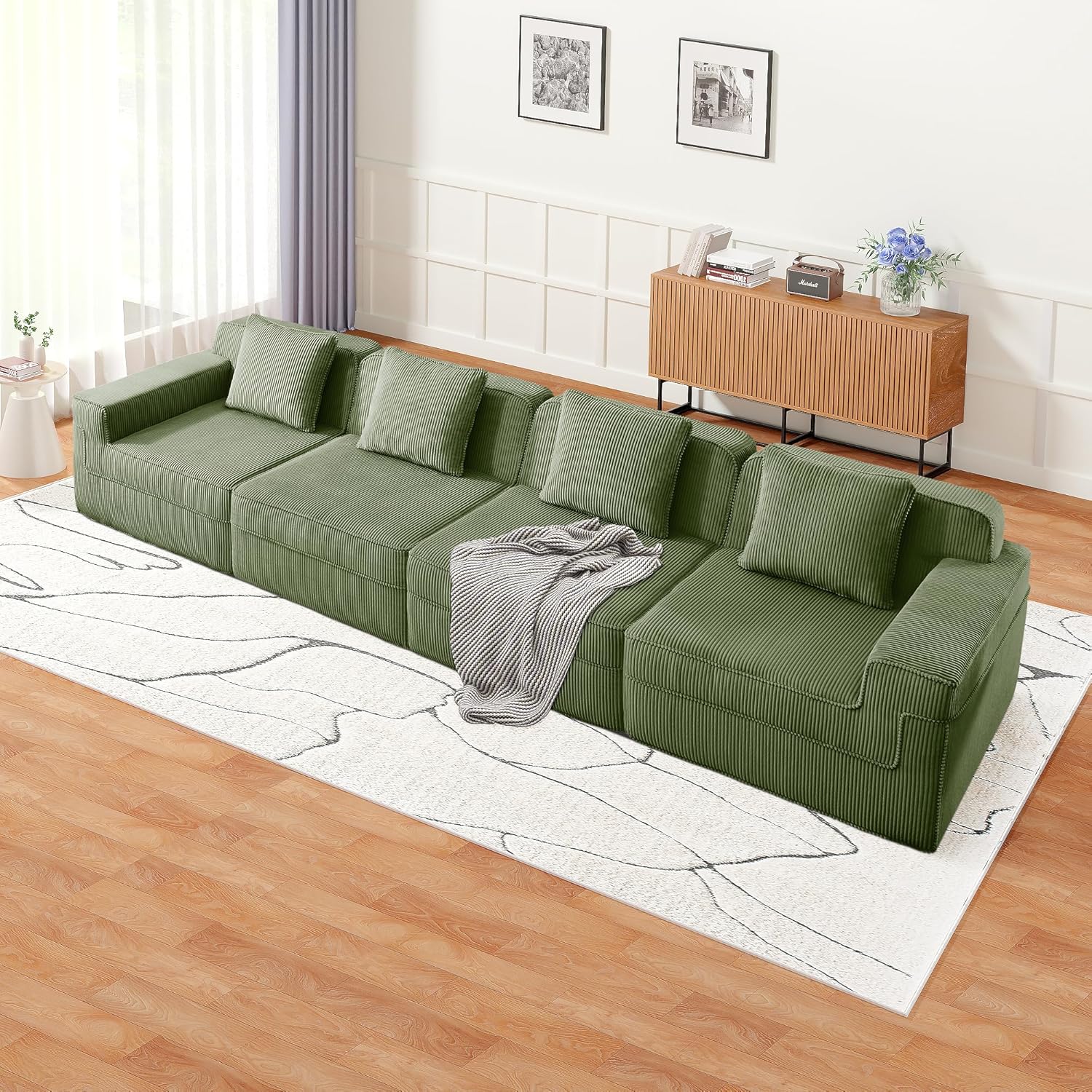 153.5 Cloud Sofa with Deep Seats and Wide Armrests，Boneless Sectional Couch with High Density Memory Foam Sofa, 4 Seater Sofa for Living Room Apartments - No Assembly, Corduroy,Green