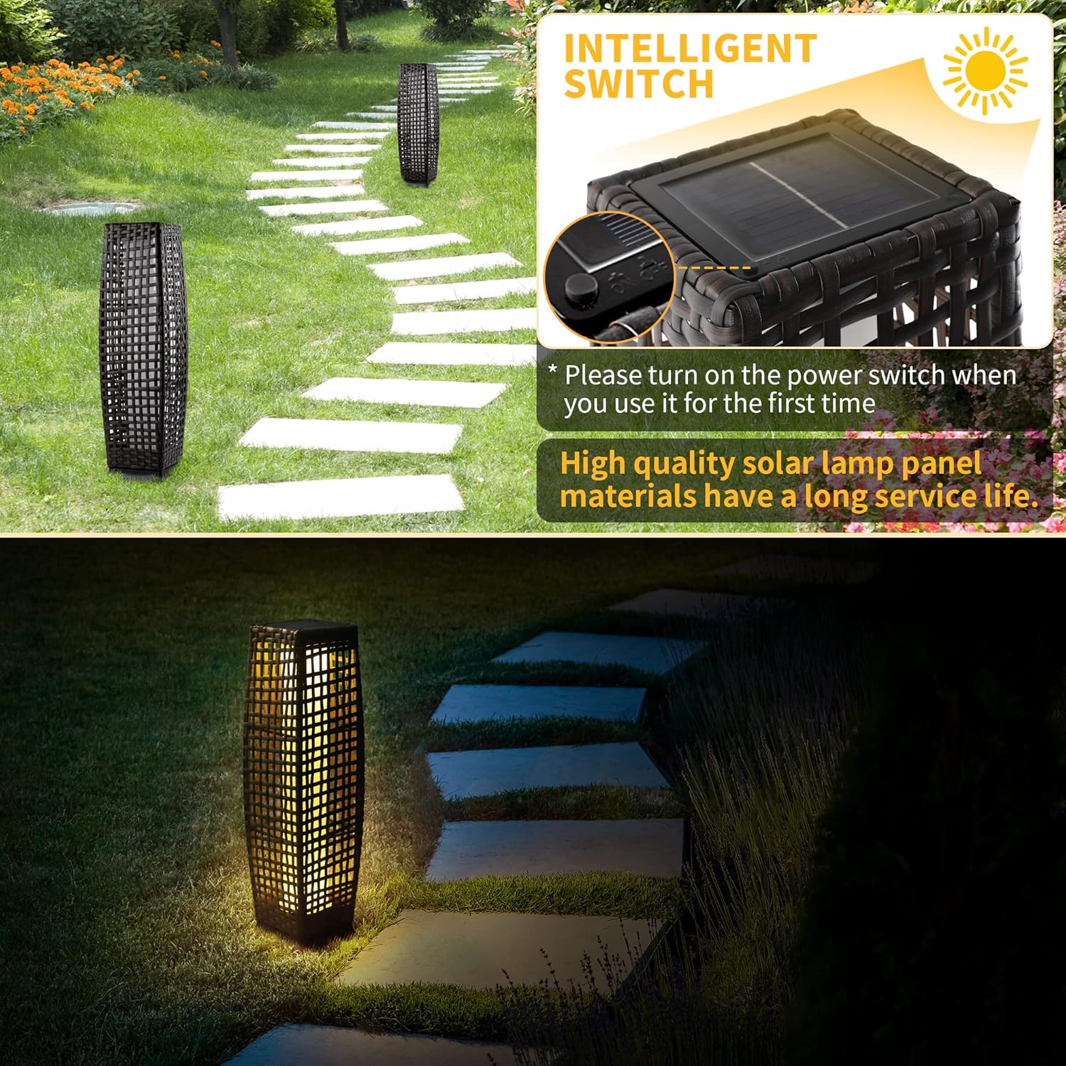 Solar Floor Lamp, Outdoor Floor Lamp, Solar Lanterns Outdoor Waterproof, Solar Powered Resin Wicker Outdoor Solar Lamp, Weather-Resistant Rattan Deck Light for Porch, Garden, Patio, Deck