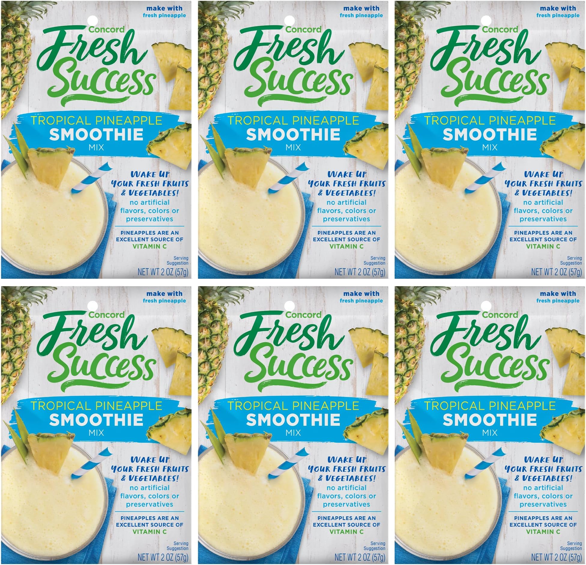 Concord Foods Pineapple Smoothie Mix - Fruit Flavor with No Artificial Flavors, Colors, or Preservatives - Ideal Fresh Fruit Smoothies - 2 oz Pouch for Healthy Smoothies (Pack of 6)
