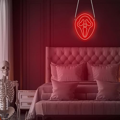 Miniatura 7 de Letrero de neón LED rojo con calavera de fantasma y terror (1 paquete) decoración de habitación roja de Halloween, suministros de fiesta para