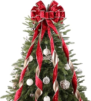 Burgundy Christmas Tree Topper Bows 13 x 53 Inch | Large Burgundy Velvet Ribbon Bows, Long Streamers, For Wreaths Door Staircase Ornaments, Holiday Crafts Home Decor