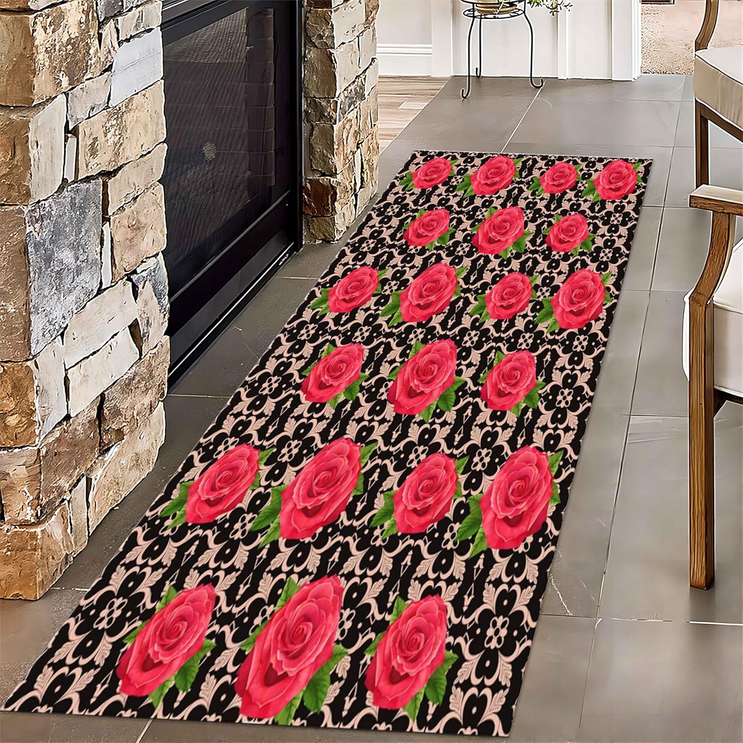 Red Rose Flower Runner Rugs, 2x7ft, Bohemian Style Modern Floral Hallway Rug,Valentine's Day Low Pile Kitchen Rugs,for Girls Bedroom Non-Slip Carpet Banquet Holiday Decor Washable Rugs