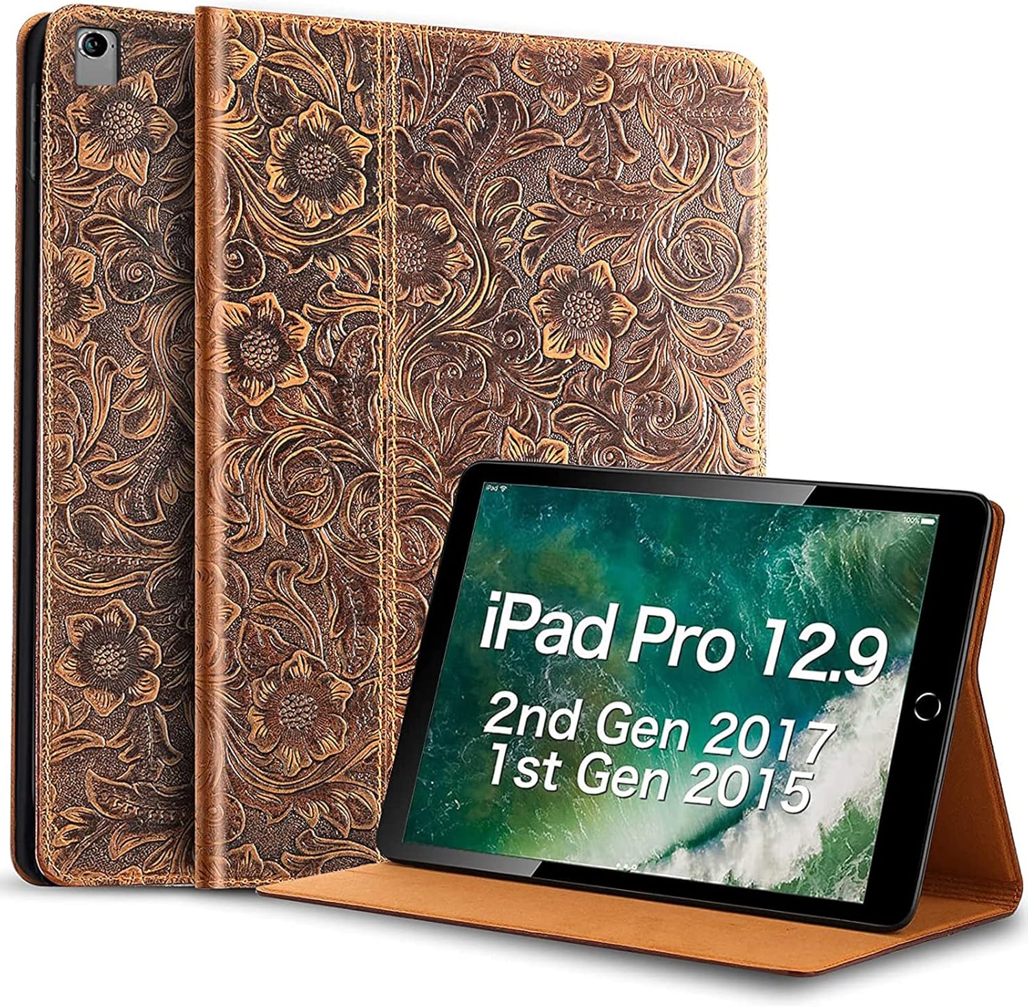 Gexmil Case for iPad Pro 12.9 Inch,2nd/1st Generation(2017/2015) Genuine Leather Cover Anti Fingerprint/Slip,Cowhide Folio Cover Auto Sleep/Wake with Adjustable Stand,Flower Brown