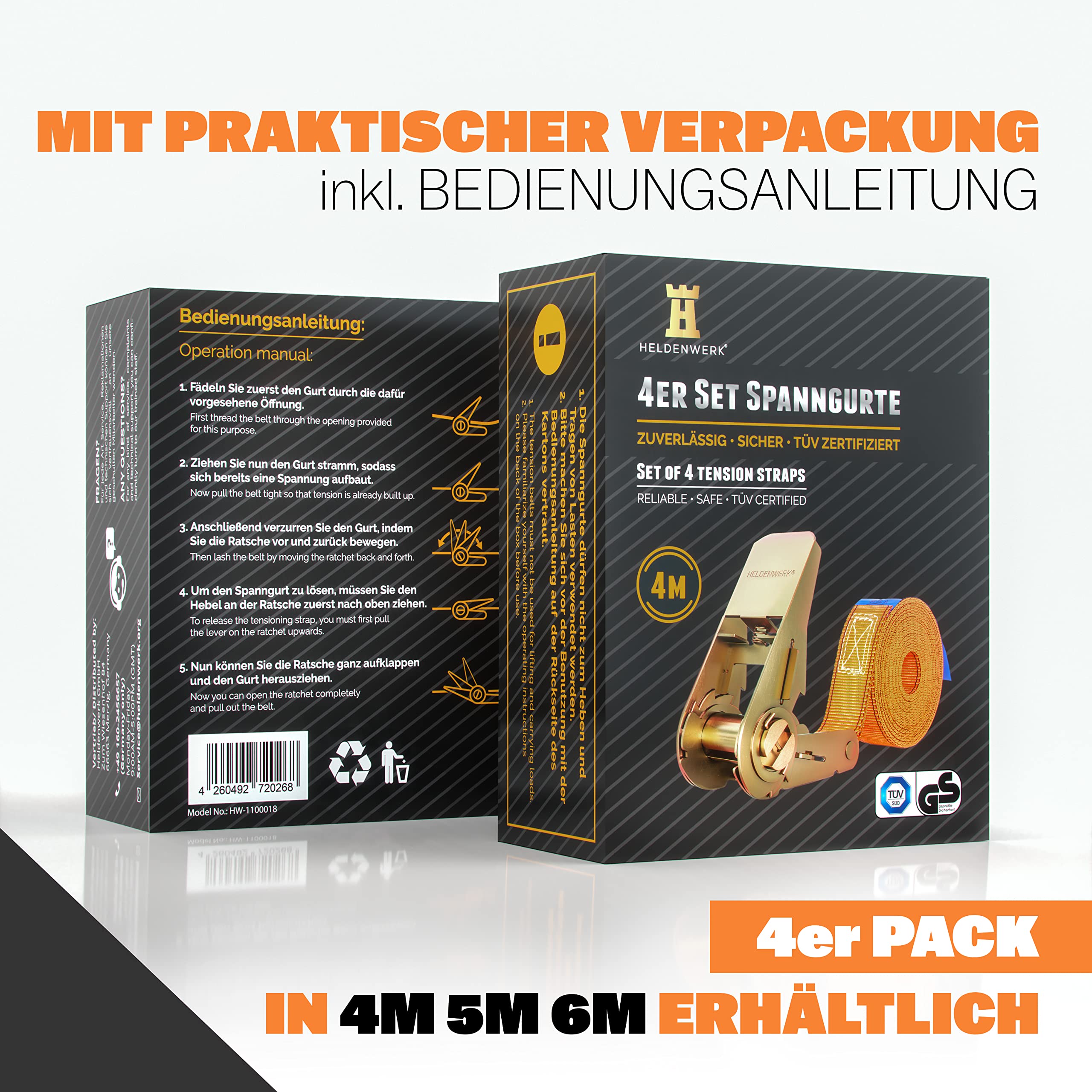 ROAD DAWG Ratschenspanngurte – 4,5 M, 227 Kg Traglast, 4 Stück Mit S-Haken, Schwarz