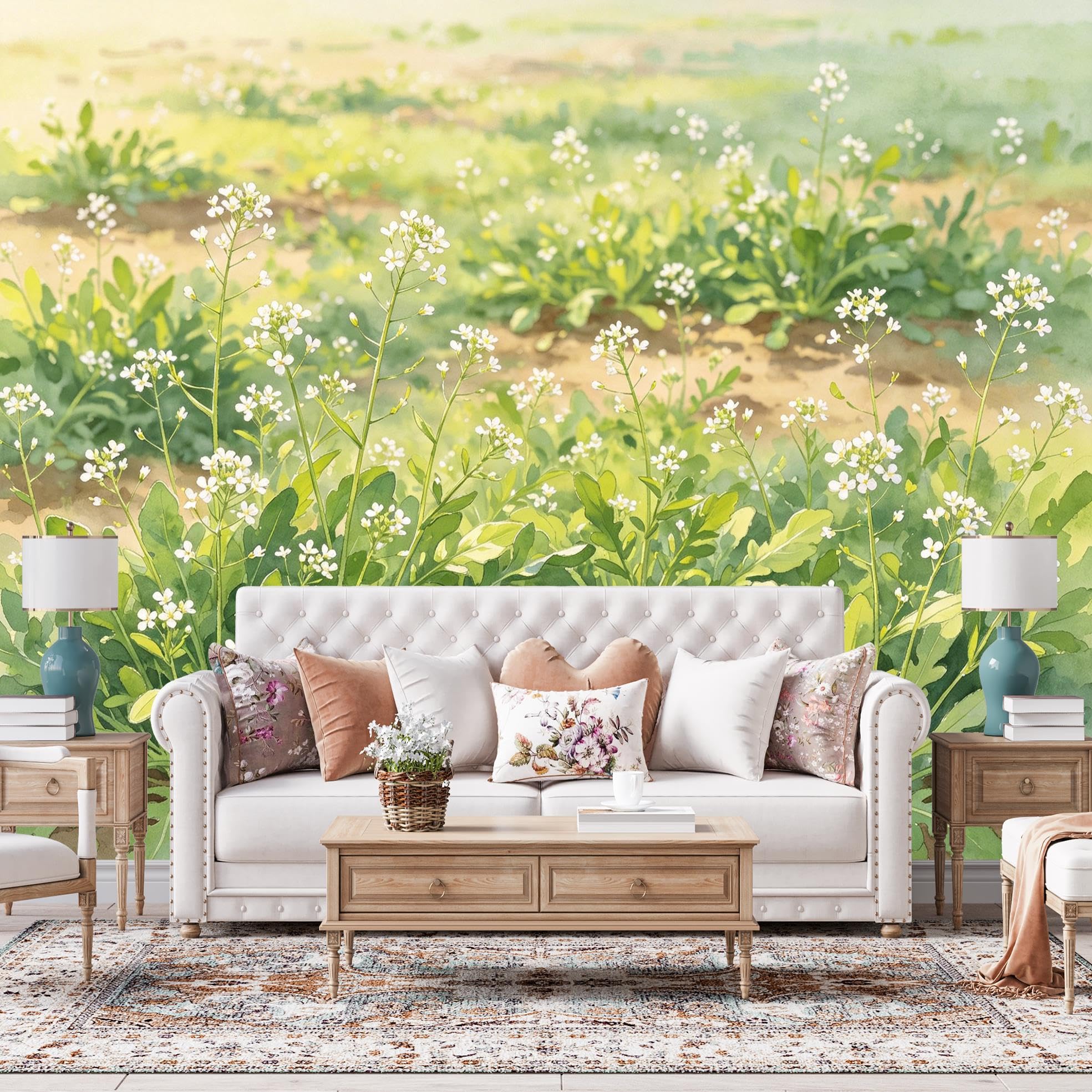 Papier peint intissé style prairie fleurs blanches bucolique 600