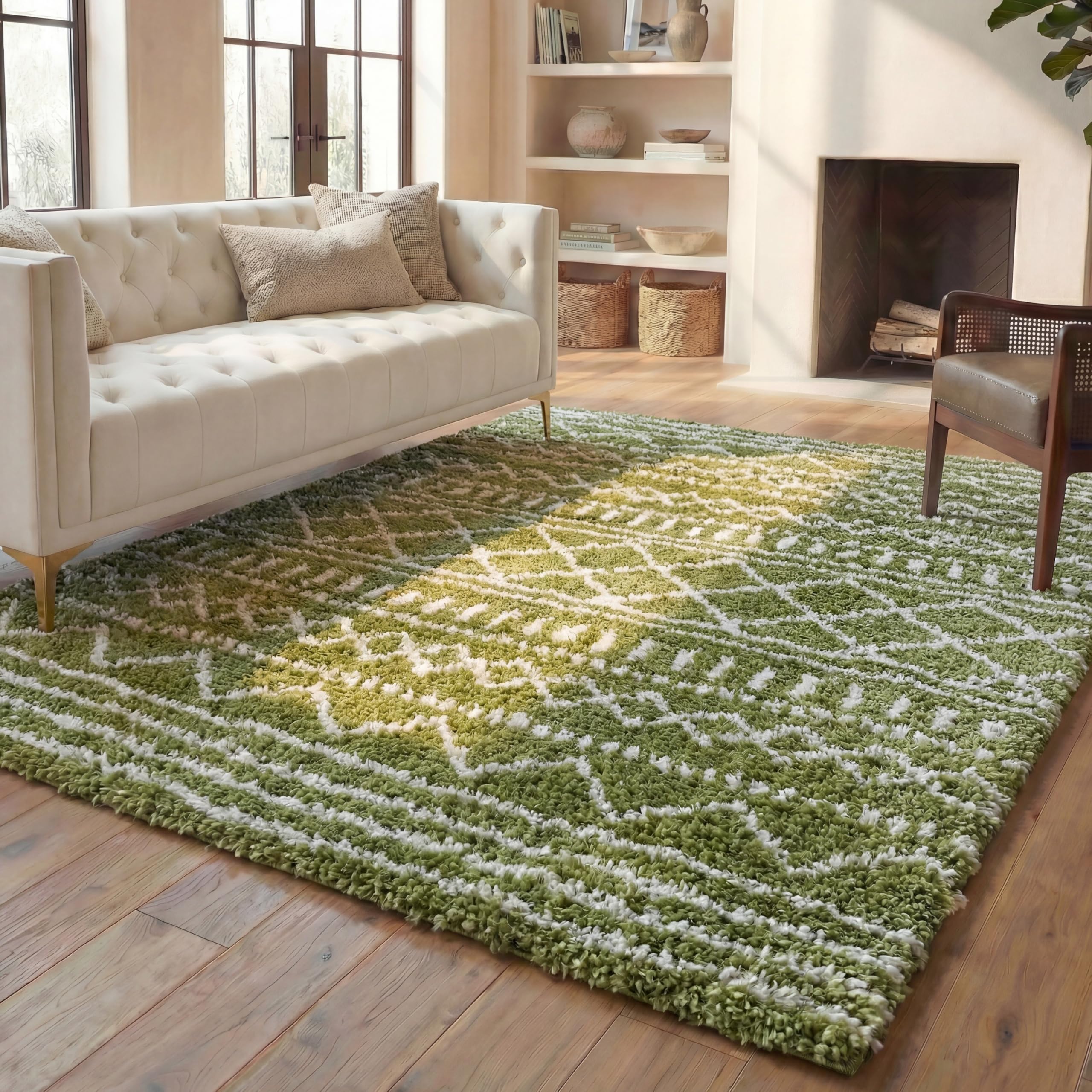 SAFAVIEH Area Rug 8x10 - Arizona Shag Collection - Large - Green &amp; Ivory, Moroccan Boho Design, Non-Shedding &amp; Easy to Clean, Ideal for Living Room, Bedroom, Dining Space (ASG741X)