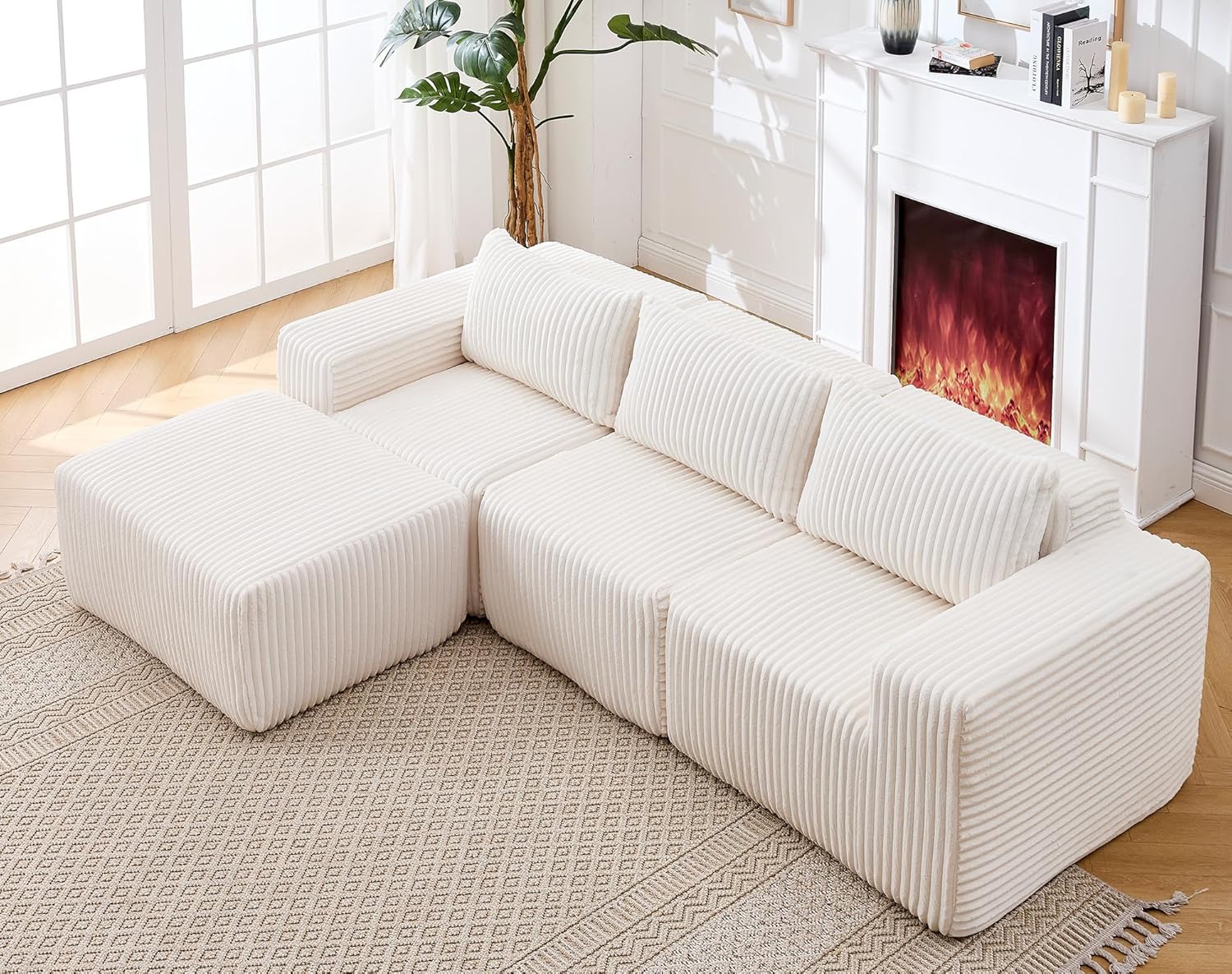 Boneless Modular Sectional Sofa with Ottoman, Cloud Couch with Chaise, Deep Seat White Couch in Soft Corduroy Fabric, L-Shaped Oversized Sectional Couches for Living Room