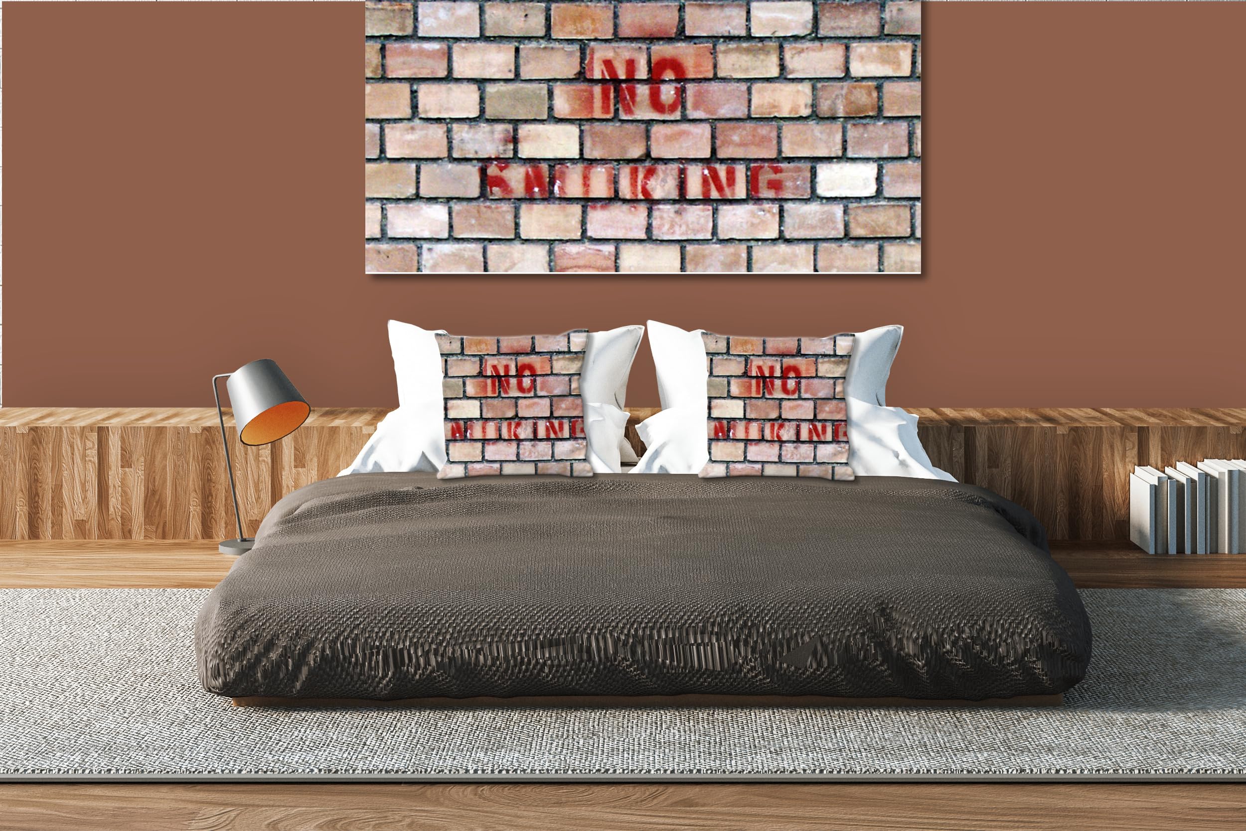 No Smoking - Foto-Kissen-Hülle Set (2 STK.) 40 x 40 cm | Kissen-Bezüge - passend zu Wandbild - Deko-Kissen - Wand Ziegel Graffiti Schrift