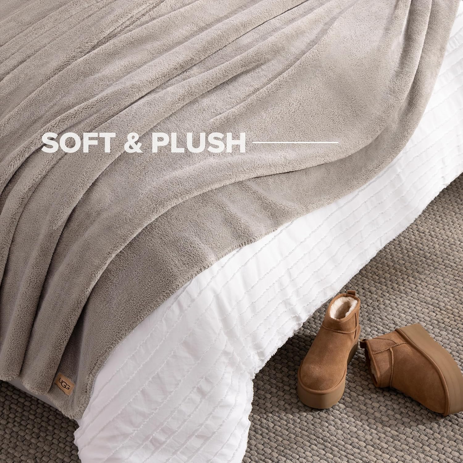 UGG Whitecap Full/Queen Blanket, Fleece Fluffy Blanket for Bed, Luxury Cozy Oversized Throw for Couch, Washable Queen Bedding, Hypoallergenic Bedding Queen Size, 90" x 90", Seal Grey