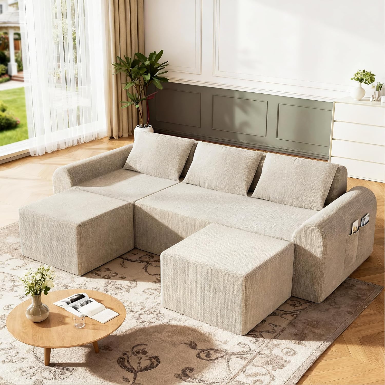 86.6" Cloud Boneless Sectional Sofa with Ottoman, L-Shaped Modular Couch for Living Room, Ultra Deep Seat Chenille Fabric Sofa, No Assembly Required, Beige