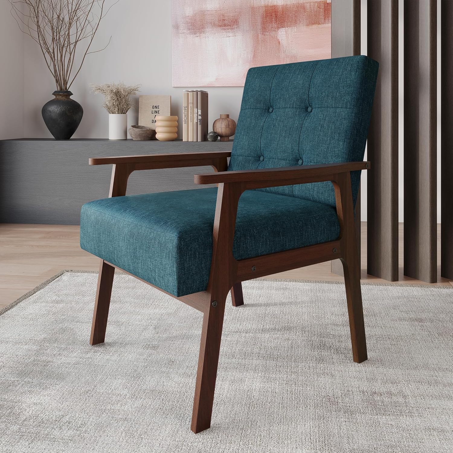 Accent Chair with Button-Tufted, Linen Upholstery, Wooden Armrests, Cushioned Seat, Easy Assembly, Blue