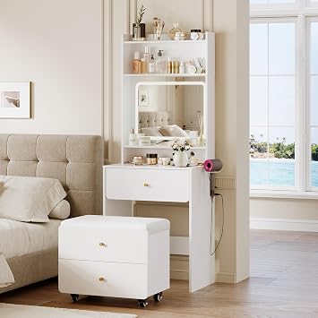 Fameill Women White Vanity Desk,23.6 Small Vanity Desk with Mirror and Lights,3 Color Modes & Adjustable Brightness,Compact Dressing Table Set with Storage Chair