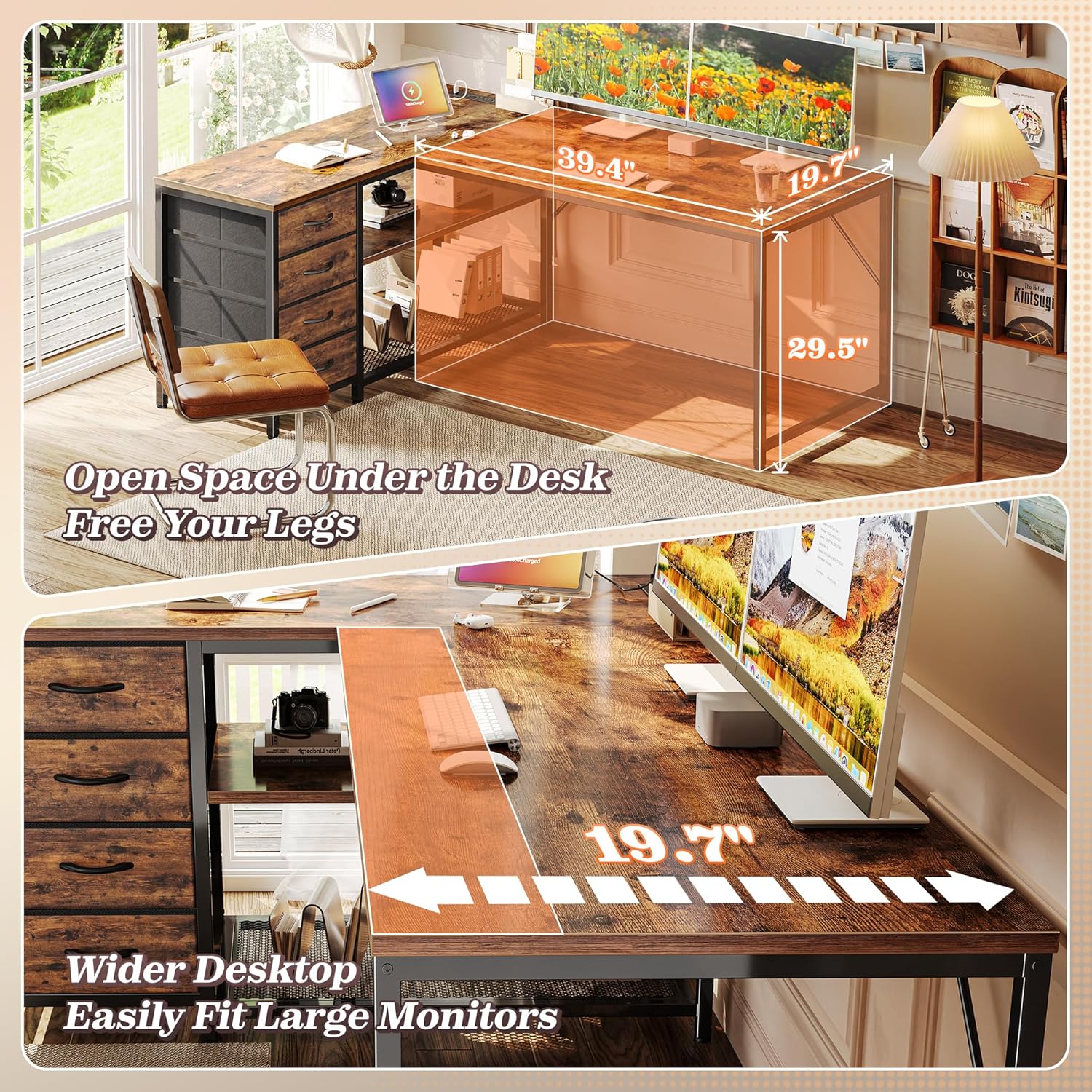 PRAISUN 53" L Shaped Desk with Power Outlets and USB-C Port, Reversible Computer Corner Office Desk with 4 Fabric Drawers and 2 Height-Adjustable Shelves, Large for Gaming Writing Study, Rustic Brown - Image 6