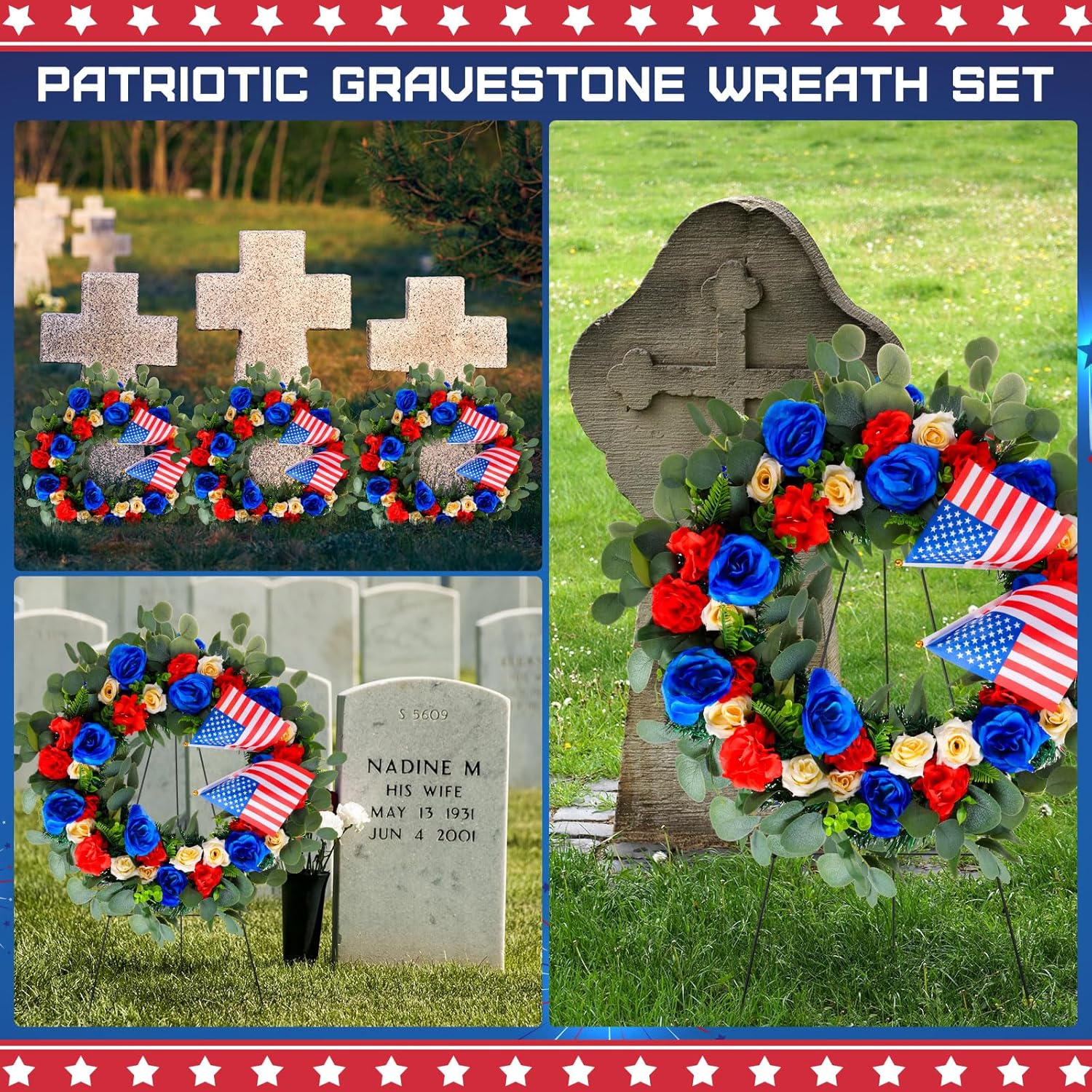 Crowye 2pcs Memorial Day 4th of July Grave Wreaths with Stand Set 23. 62in Cemetery Wreaths 30in Easel Patriotic Gravestone Headstone Independence Day Decor(USA Flag Style)