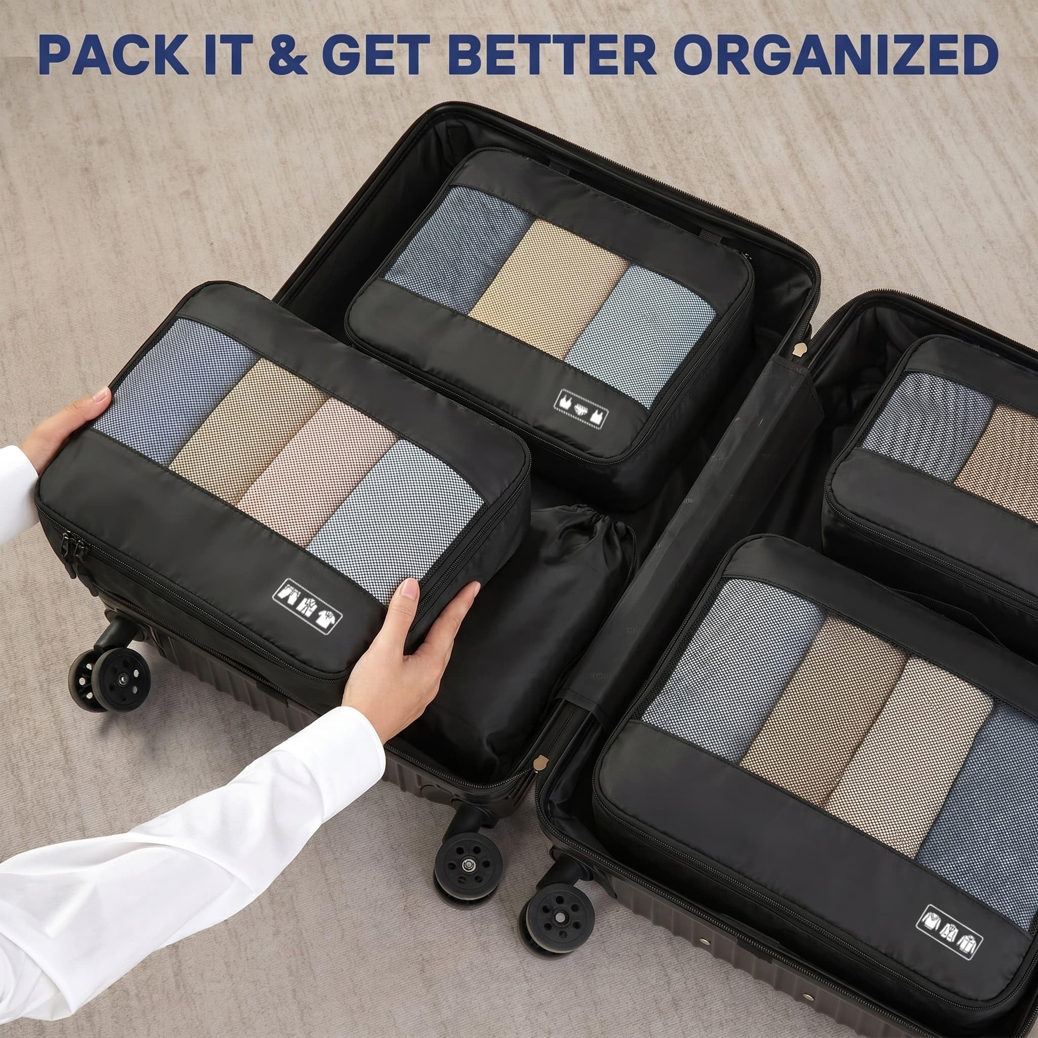 MURISE Organizer do Walizki, zestaw 8 Sztuk, Packing Cubes na wakacje i podróże, Organizer Podróżny do Walizki, z workiem na buty, Kosmetyczką, Systemem Organizacji, Niezbędne w podróży, Czarny