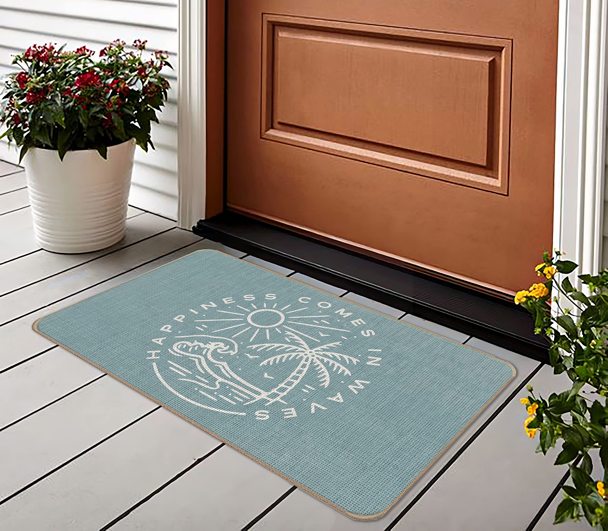 Lacosu Summer Beach House Happiness Comes in Waves Blue Rustic Door Mat Doormat,17