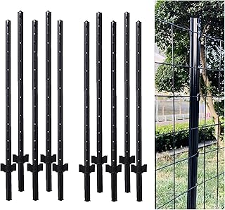 5 Feet (57.8") Metal Fence Post Black, Pack of 10, for 48 Inch High Garden Welded Wire Fence U-Channel Steel Garden Post