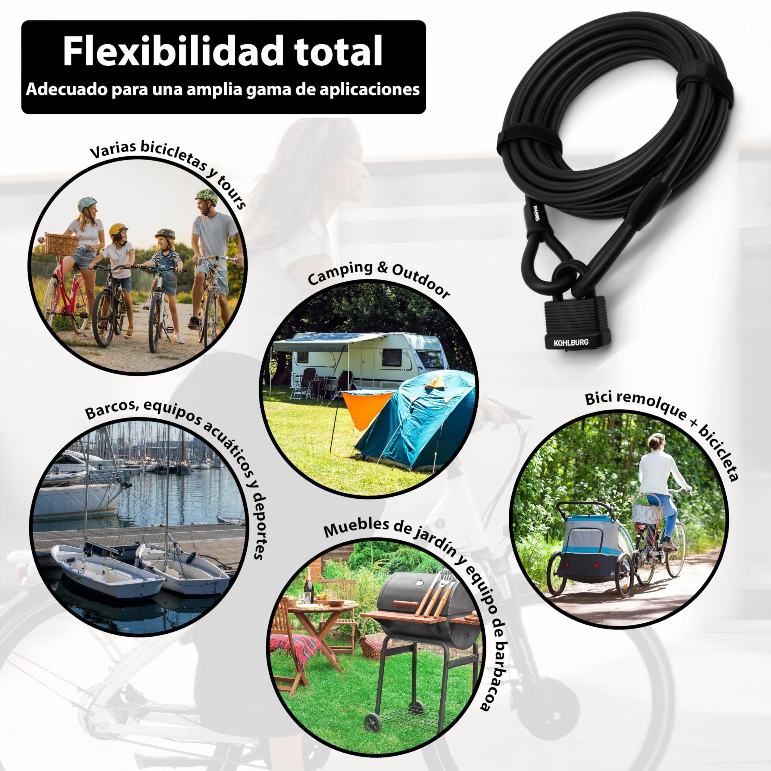 KOHLBURG Candado de cable antirrobo de 10 m, de acero, con 3 llaves – de cierre rápido, 1000 cm con bucle para bicicleta, candado patinete electrico, remolque, cochecito, muebles de jardín y barcos