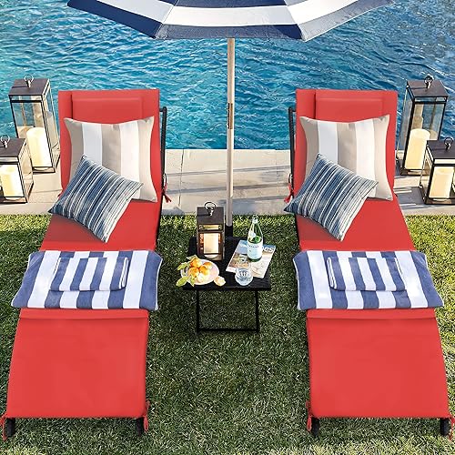 Miniatura 2 de GUNJI Juego de 2 sillas de descanso para exteriores, 3 piezas, tumbonas ajustables de mimbre para exteriores, con mesa plegable, tumbona para