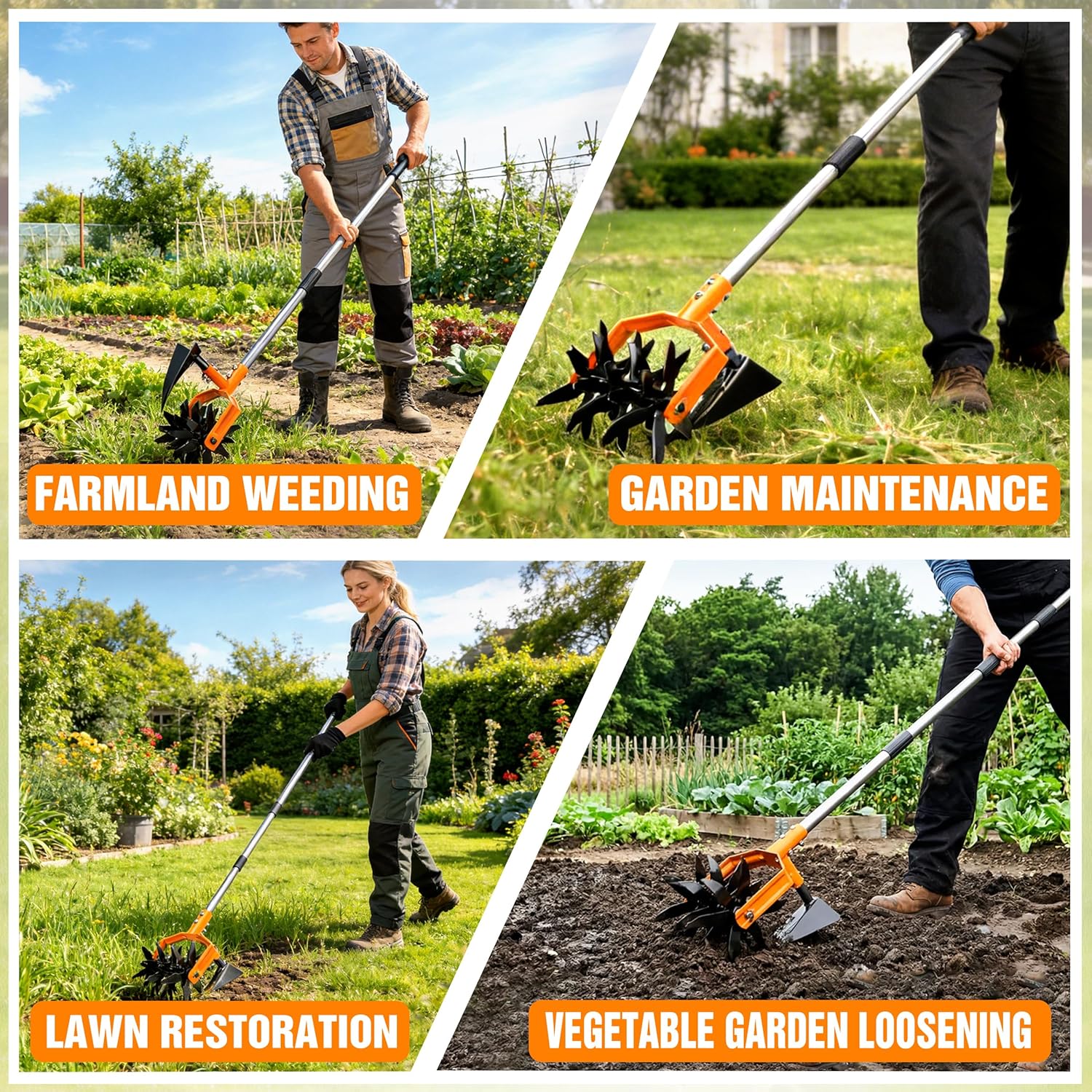 Pankay Rotary Hand Tiller for Gardening, Garden Cultivator Tool with Tilling Blade, 63’’ Adjustable Stainless Steel Poles Cultivators for Gardening, Lawn Care, Reseeding Grass, Soil Mixing