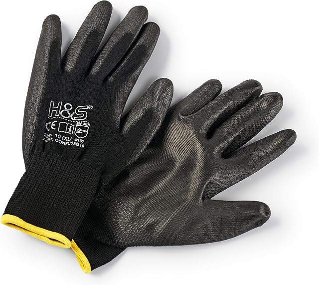 12 Pairs of Work Gloves L (9) Nylon PU coated CAT II available XS extra-small (6),S small (7), M medium (8), L large (9), XL x-large (10), XXL xx.large (11) seamless multi-purpose black colour coded