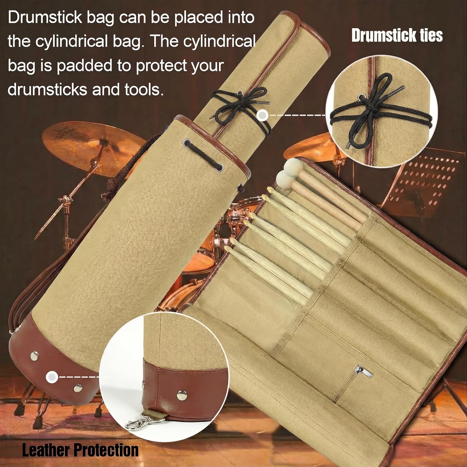 Drum Stick Bag, Crossbody Shoulder Strap Portable Vintage Drumstick Bag Kit Gifts for Drummers, Beginners, Khaki