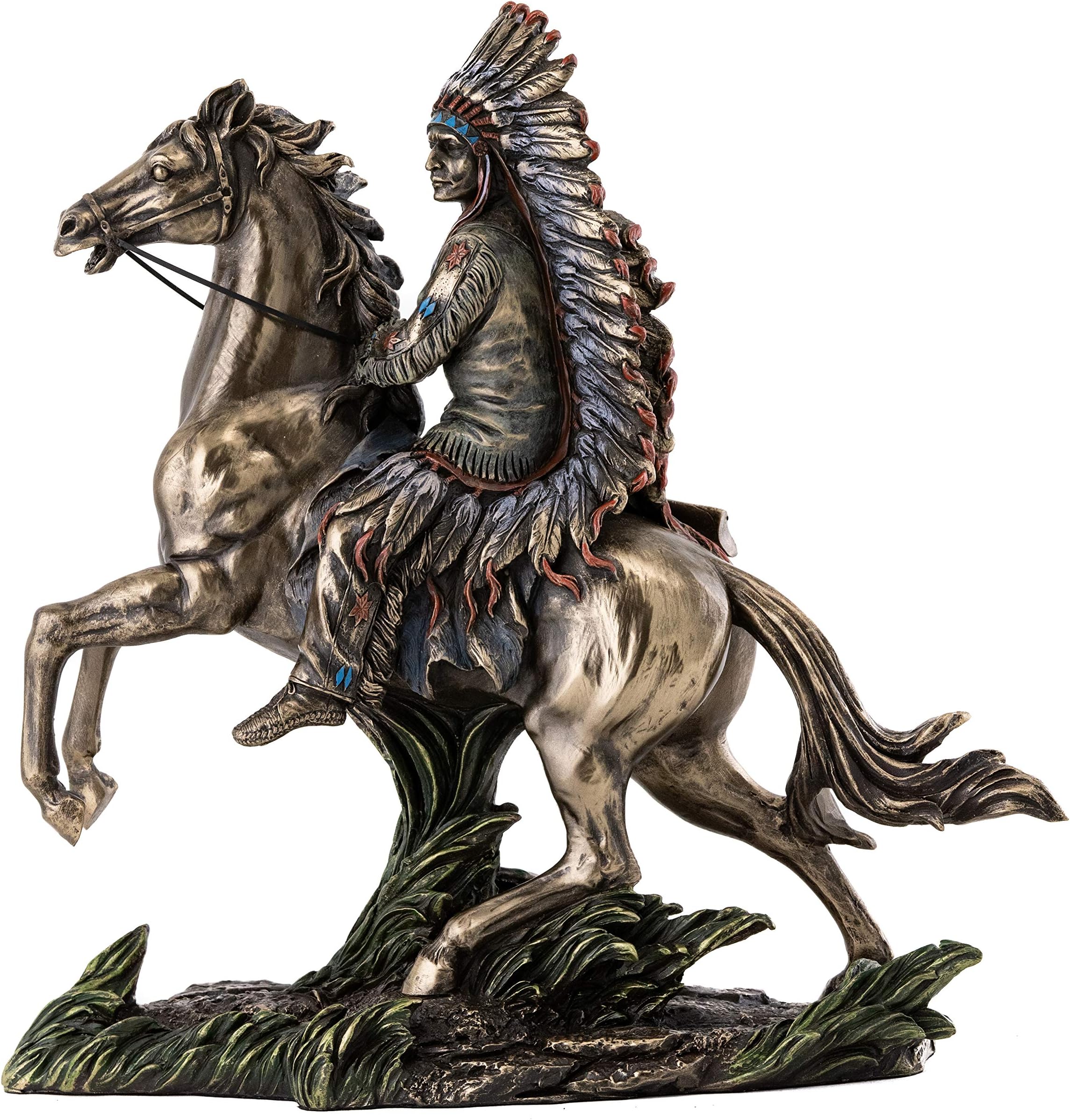 Top Collection Chief Sitting Bull on Horseback Statue - Native American Sculpture with Beautiful Headdress in Premium Cold Cast Bronze- 10.75-Inch Collectible Indigenous Warrior Figurine