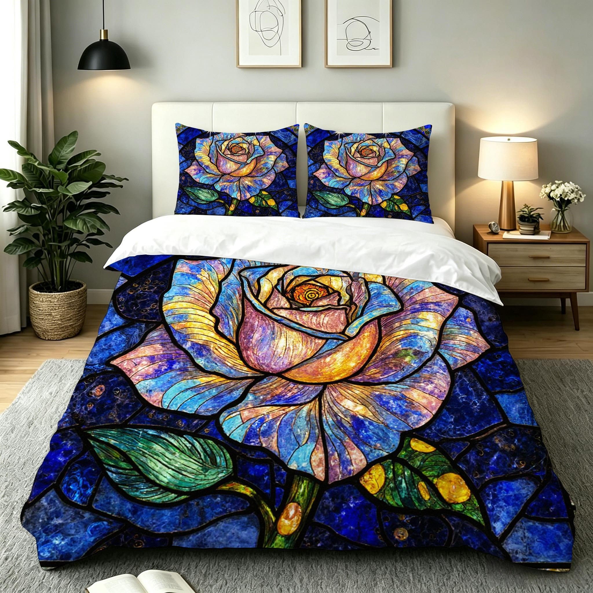 Housse de couette 140x200 fleur bleue en microfibre avec 2 taies d'oreiller 65x65 cm AW6806