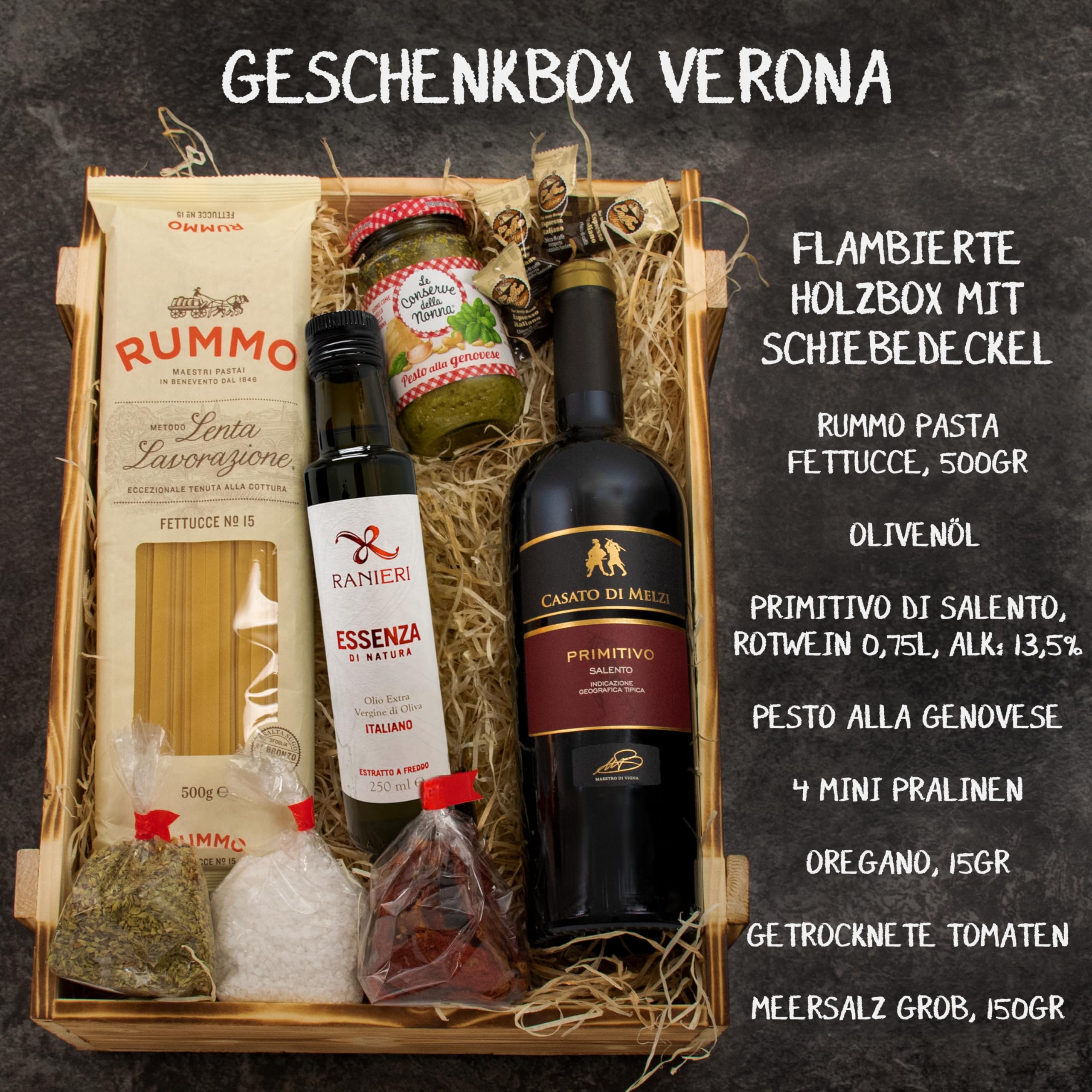 Italienisches Geschenkset „Verona“ | Geschenkkorb gefüllt mit Wein, italienischen Spezialitäten & edler Holzkiste | Präsentkorb für Frauen & Männer zum Geburtstag, Weihnachten