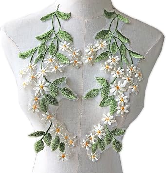 Gelvs 2 Mirror Pairs Green Leaves Floral Lace Applique Forest Vine Motif Trims Embroidery Wood Patches Ivory Floral