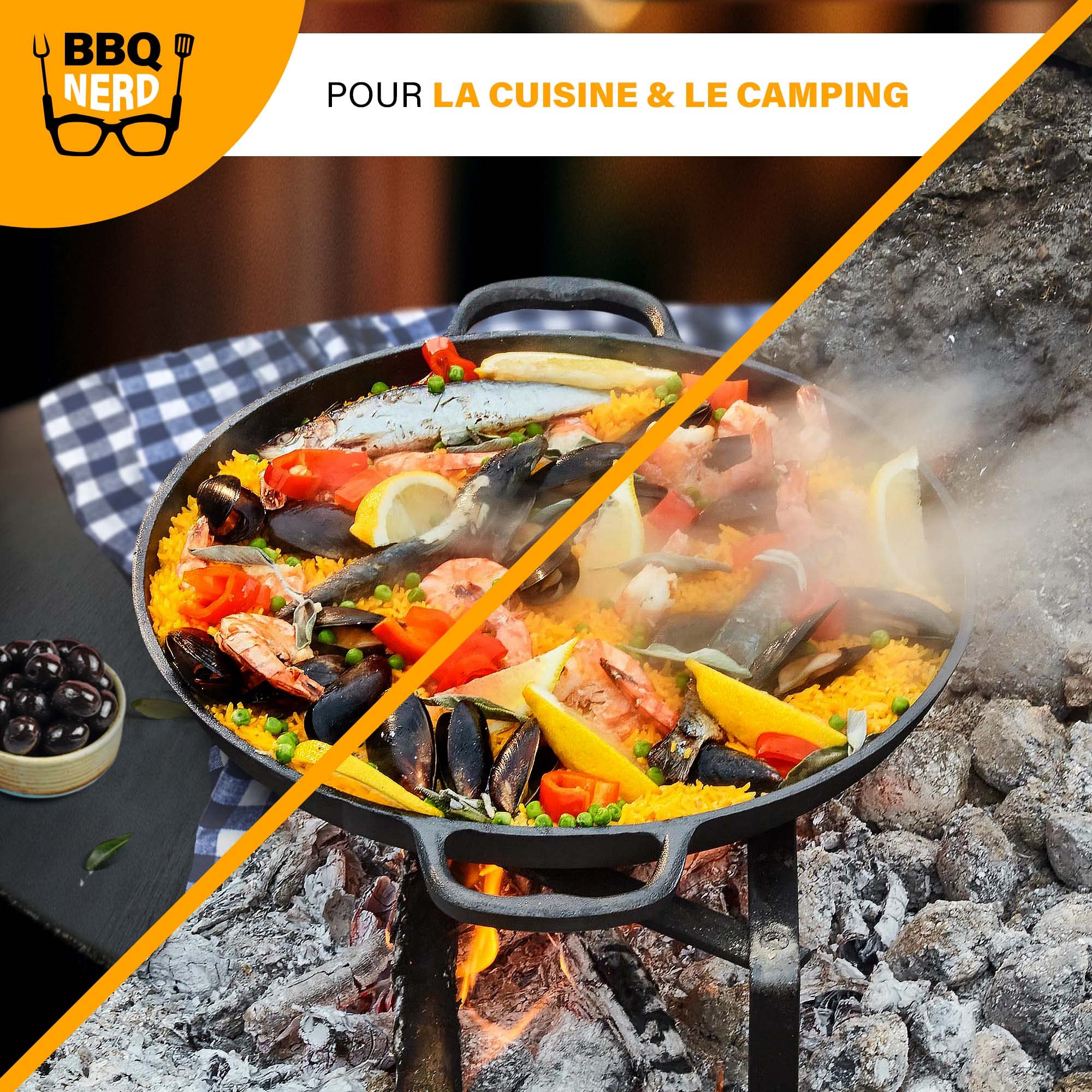 Poêle à paella en fonte Ø 36 cm (6 personnes) Poêle antiadhésive avec fond plat pour paella espagnole traditionnelle - Poêle en fonte pour barbecue - Induction