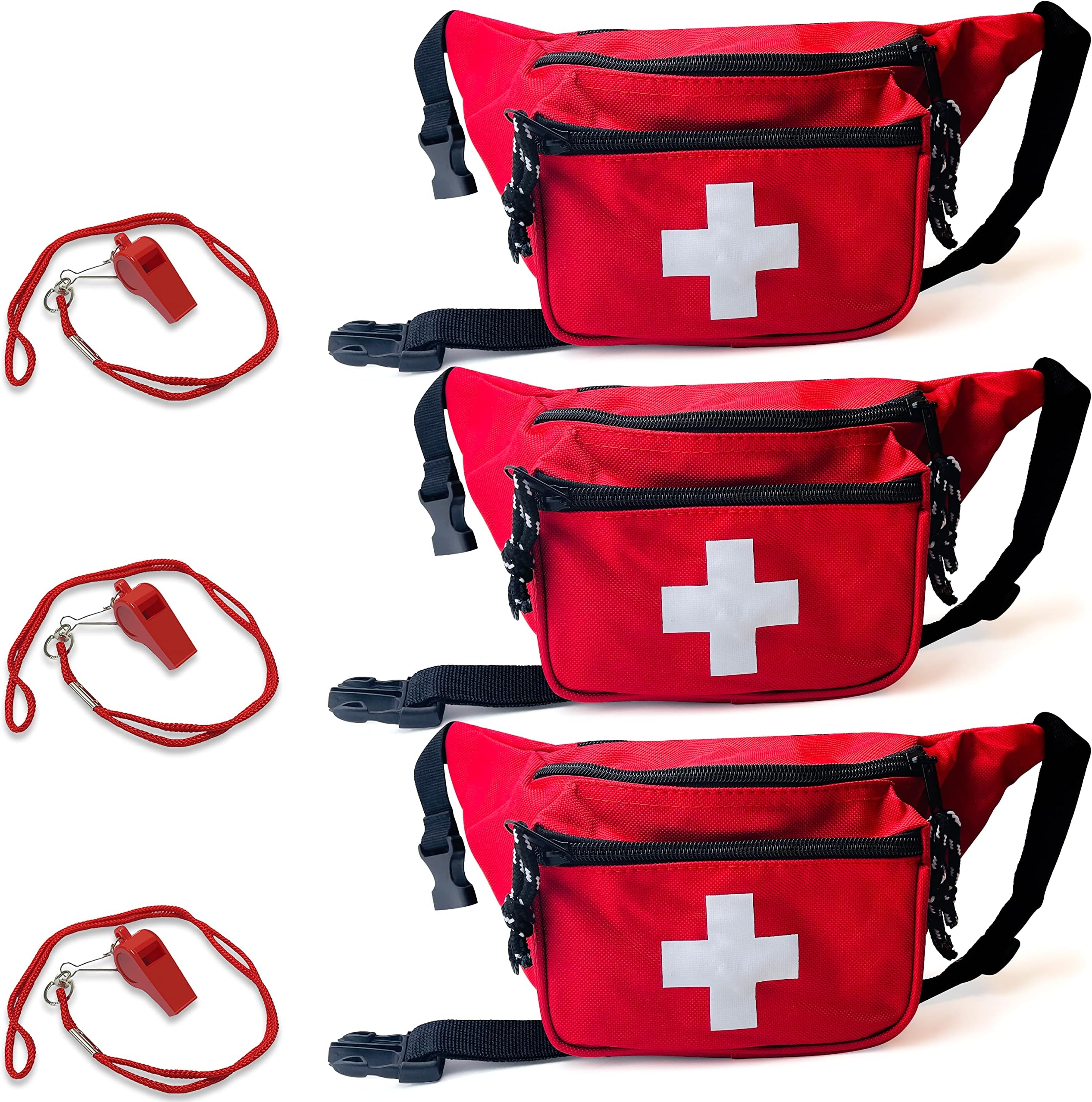 ASA TECHMED 3 Pack Lifeguard Fanny Pack With Whistle Lanyard - Baywatch Style First Aid Hip Pack w/Adjustable Strap, Cross Logo + Zipper Pouch, Emergency Equipment Set