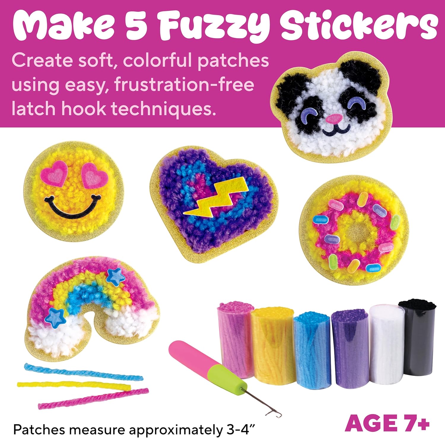 Creativity for Kids Make Your Own Latch N' Patch Fuzzy Stickers Kit | Assemble, Trim & Decorate 5 DIY Yarn Patches | Mess-Free Latch Hook Craft | Sleepover & Screen-Free Kids Activity (Ages 7+)