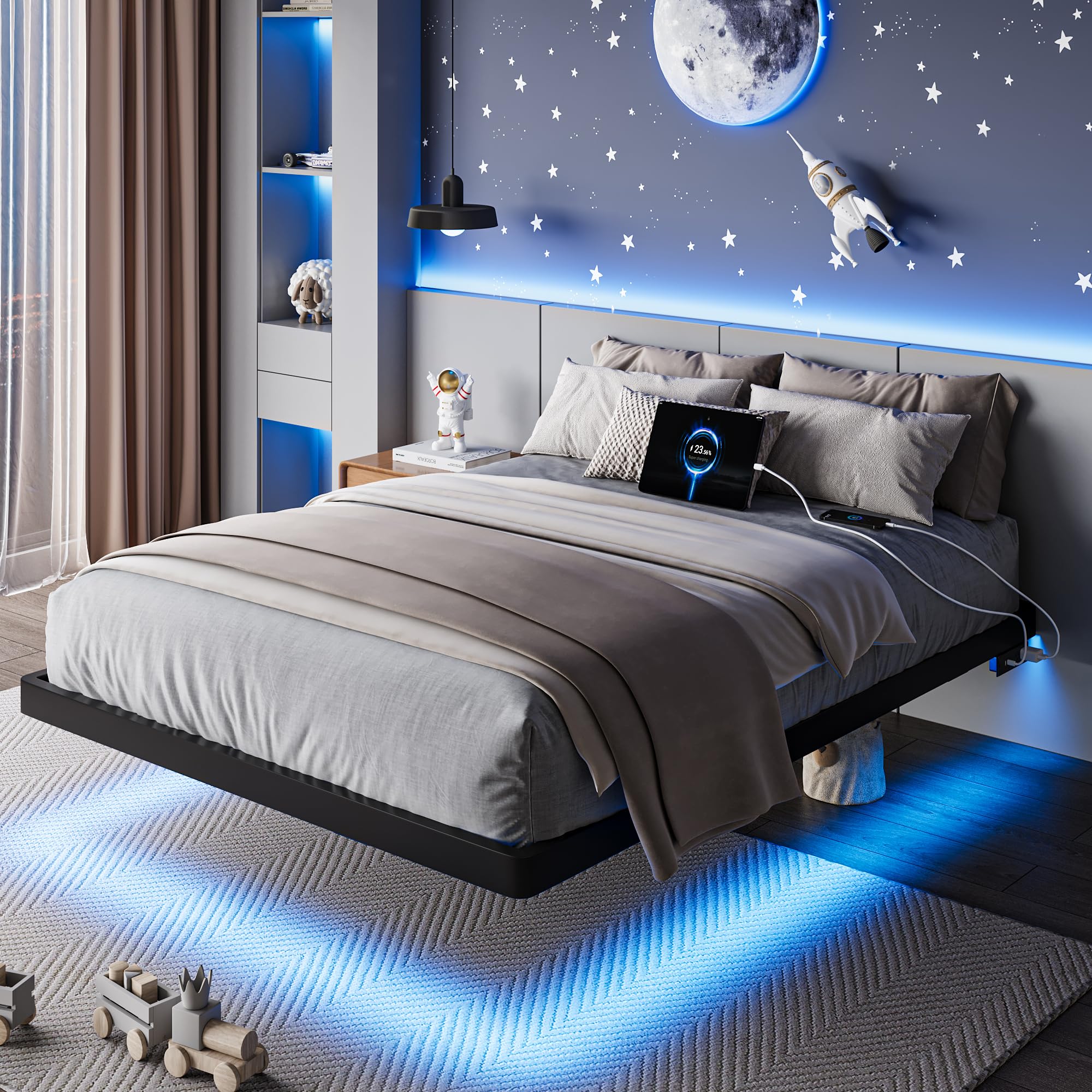 Feonase Twin Size Floating Bed Frame with Charging Station and LED Lights, Metal Bed Frame with Heavy Duty Steel Slats Supports, No Box Spring Needed, Easy Assembly, Black