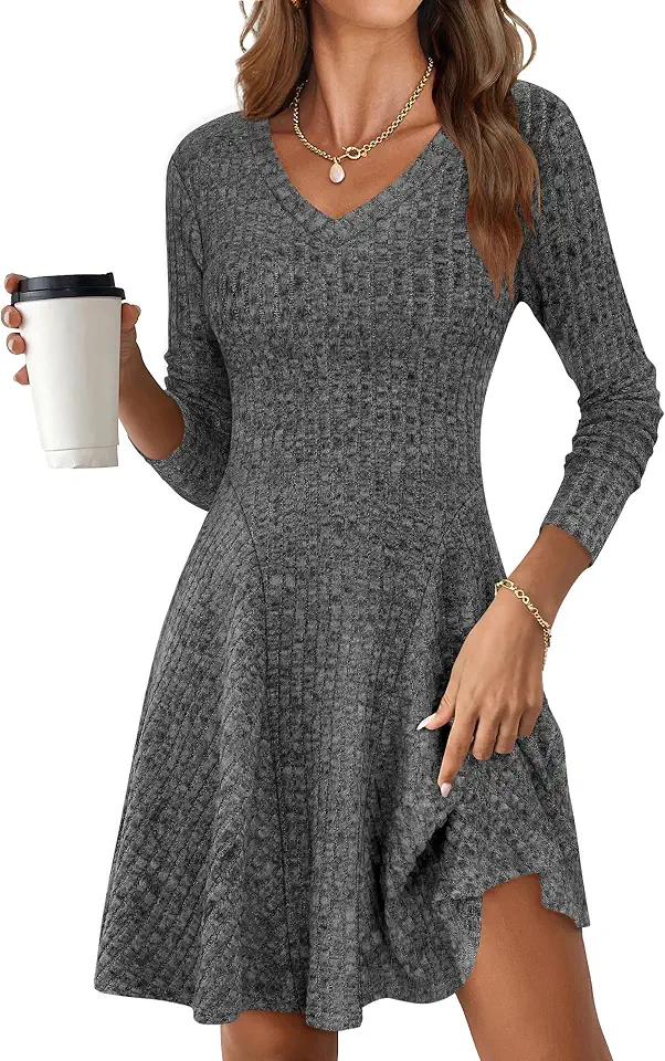 Vestido feminino de manga comprida com nervuras de tricô 2025 outono inverno gola V casual vestido suéter rodado