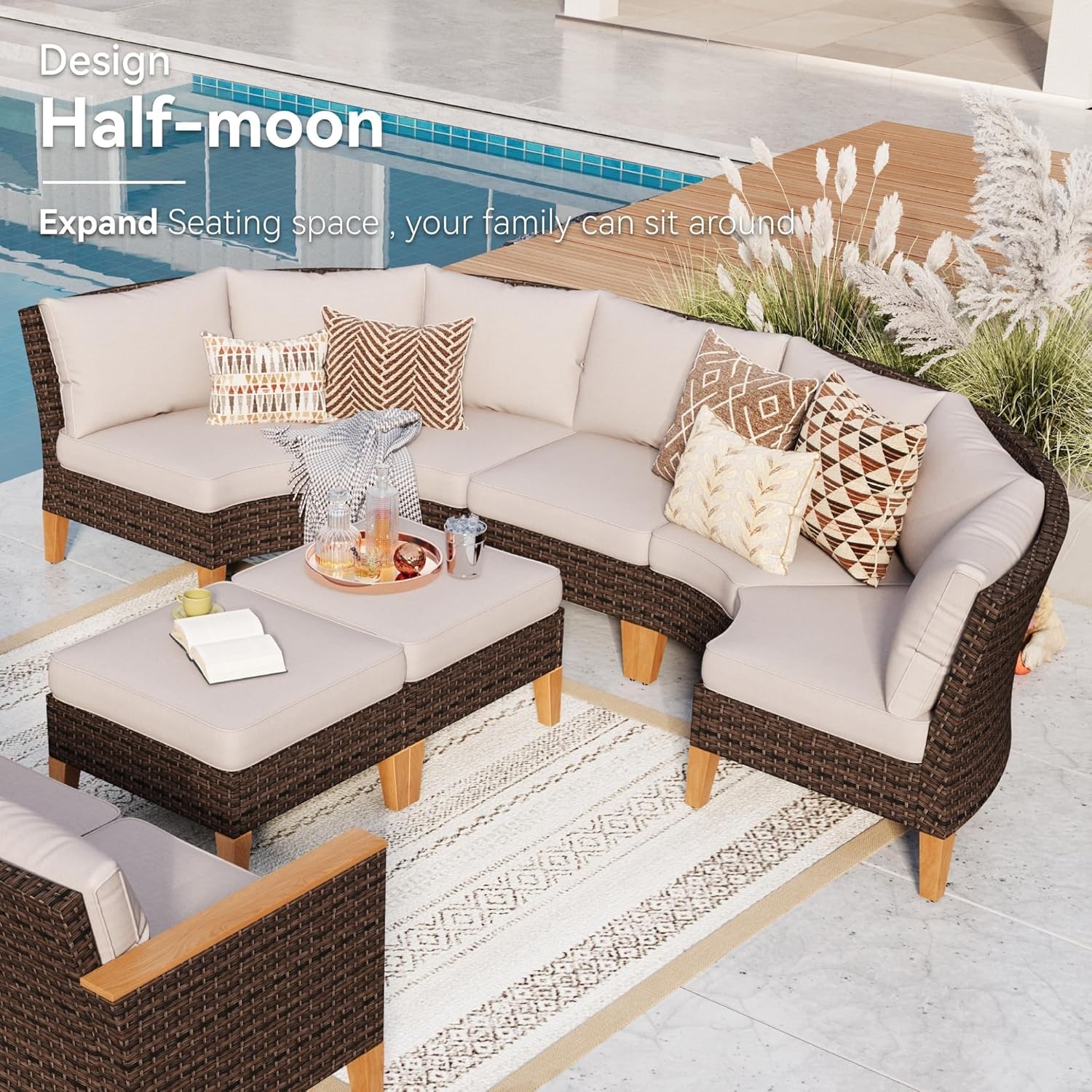 8 Pieces Wicker Patio Furniture Set All-Weather Outdoor Rattan Half-Moon Curved Patio Sectional Sofa Conversation Sets with Thick Cushions for Backyard Porch(Blue)