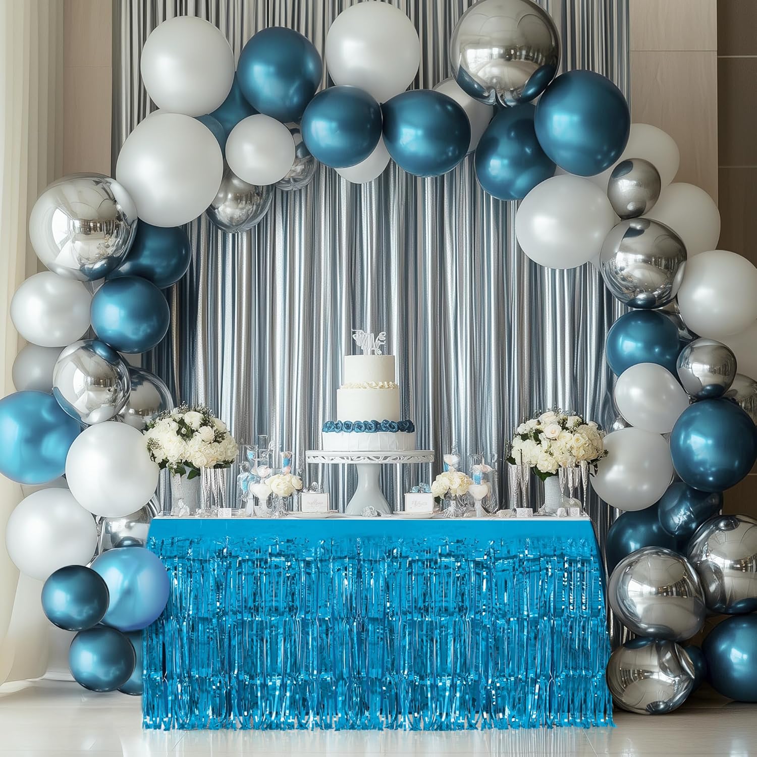 8 Pack Lake Blue Table Skirts, 29x108" Metallic Foil Tinsel Fringe Table Skirts for Rectangle Tables Streamer Curtains Backdrop, Party Decorations for Birthdays Weddings Holidays