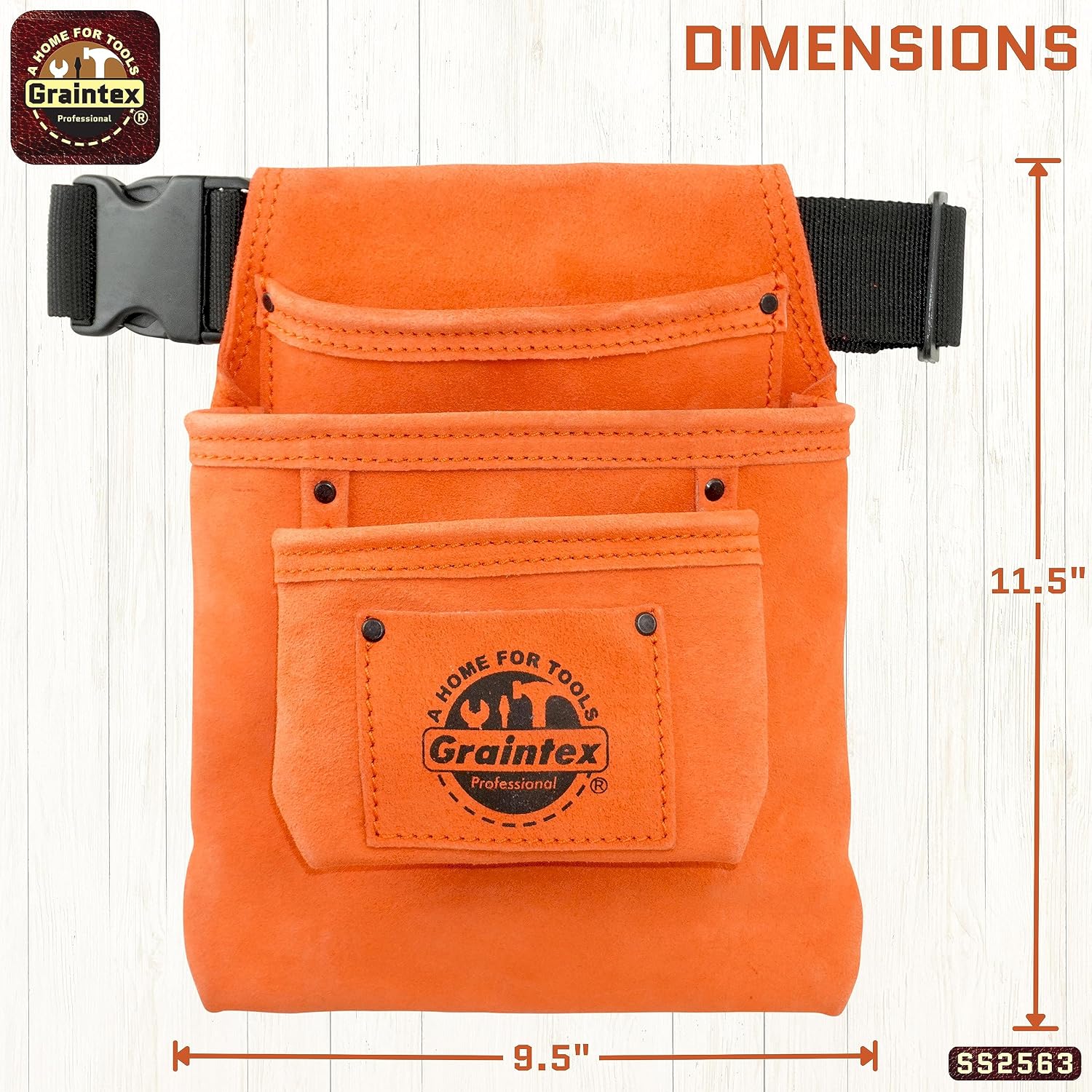 Graintex SS2563 :: 3 Pocket Nail & Tool Pouch Orange Color Suede Leather with 2” Webbing Belt for Constructors, Electricians, Plumbers, Handymen