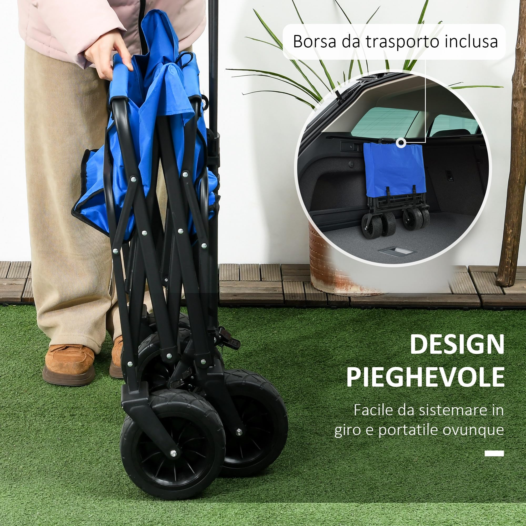 Outsunny Carello Spiaggia Pieghevole 110L con Maniglia Telescopica e Borsa Termica da 15L, Carrello da Giardino in Acciaio e Tessuto Oxford, Blu