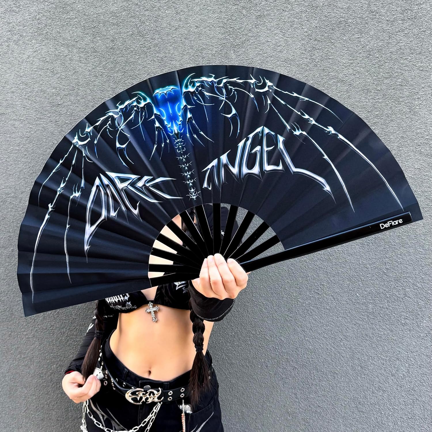 DeFlare | Chrome Y2K Rave Fan | Dark & Edgy Fan | Large Hand Fan | Festival Gear & Accessory | Rave Accessory | EDM Hand Fan | Festival Fans (Dark Angel)