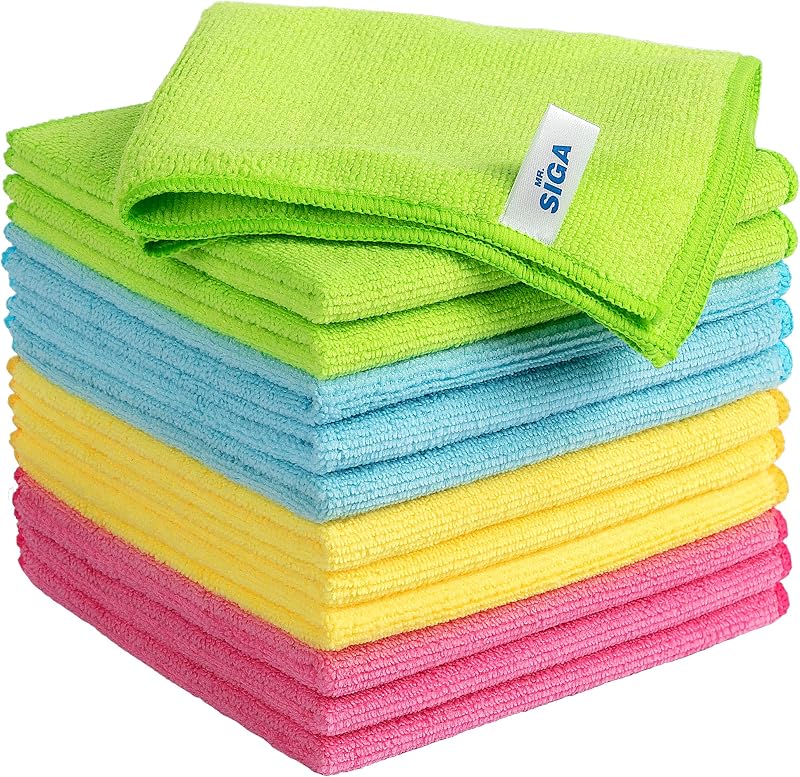 MR.SIGA Paños de limpieza de microfibra, toallas de microfibra sin rayas, paquete de 12 | Toallas de limpieza reutilizables, ultra absorbentes y de alta densidad, para superficies de cocina, automóvil, vidrio y hogar, paños codificados por colores