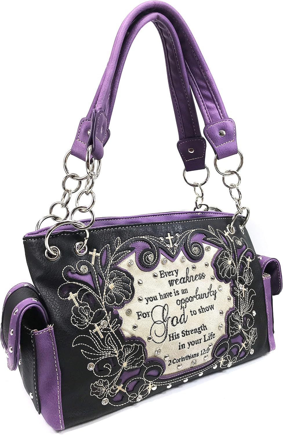 Justin West Embroidery Floral 2 Corinthians 12:9 Bible Verse Rhinestone Tote Shoulder Concealed Carry Handbag Messenger Purse