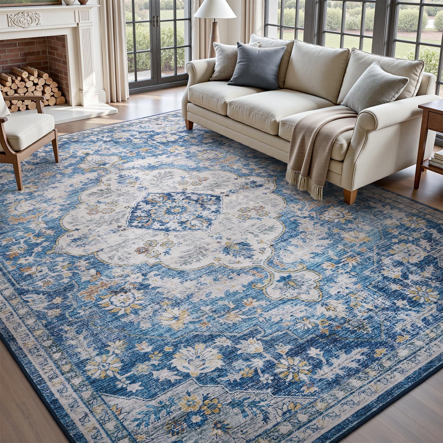 tchdio 5x7 Area Rugs for Living Room, Vintage Non Slip Washable Rug, Soft Low Pile Area Rug Large Floor Indoor Carpet for Bedroom, Dining Room, Office (Blue, 5'x7')