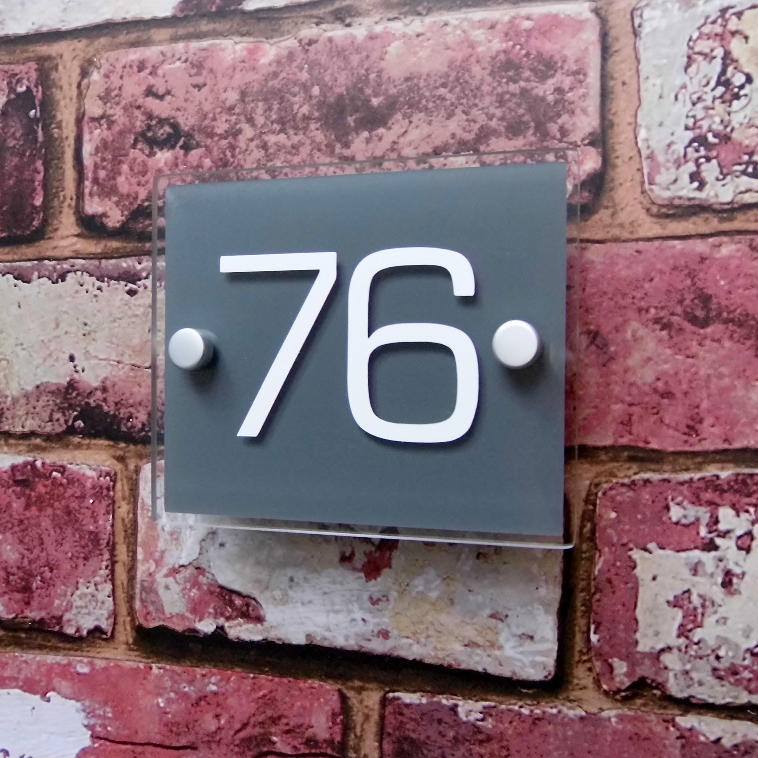 Modern House Number Sign Address Plaque MADE TO ORDER Slate Grey Glass Effect Acrylic White Numbers